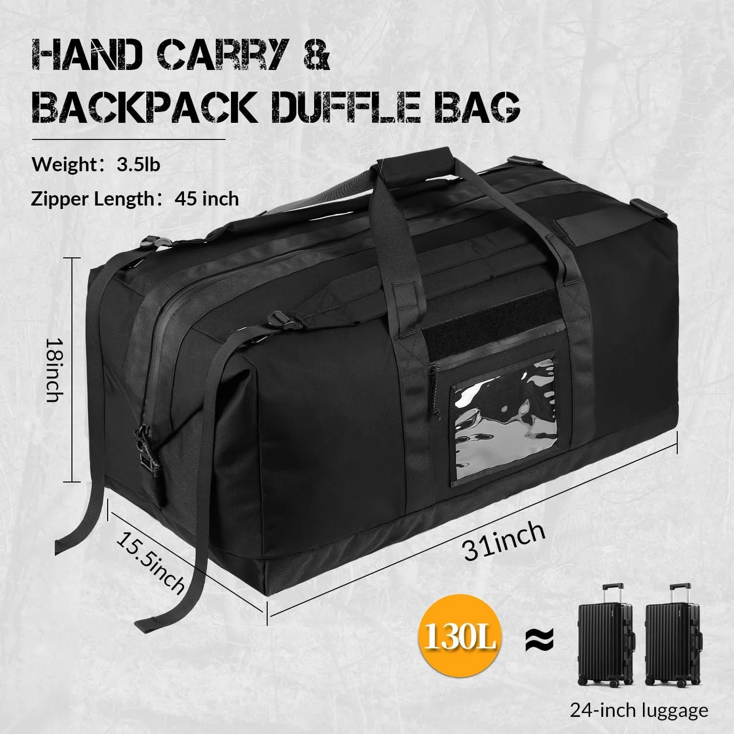 130L Tactical Travel Duffle Bag Large Capacity Waterproof Full-Access Opening Foldable Military Backpack Travel for Outdoor Camping Hunting Weekender Gym Traveling Workout Deployment