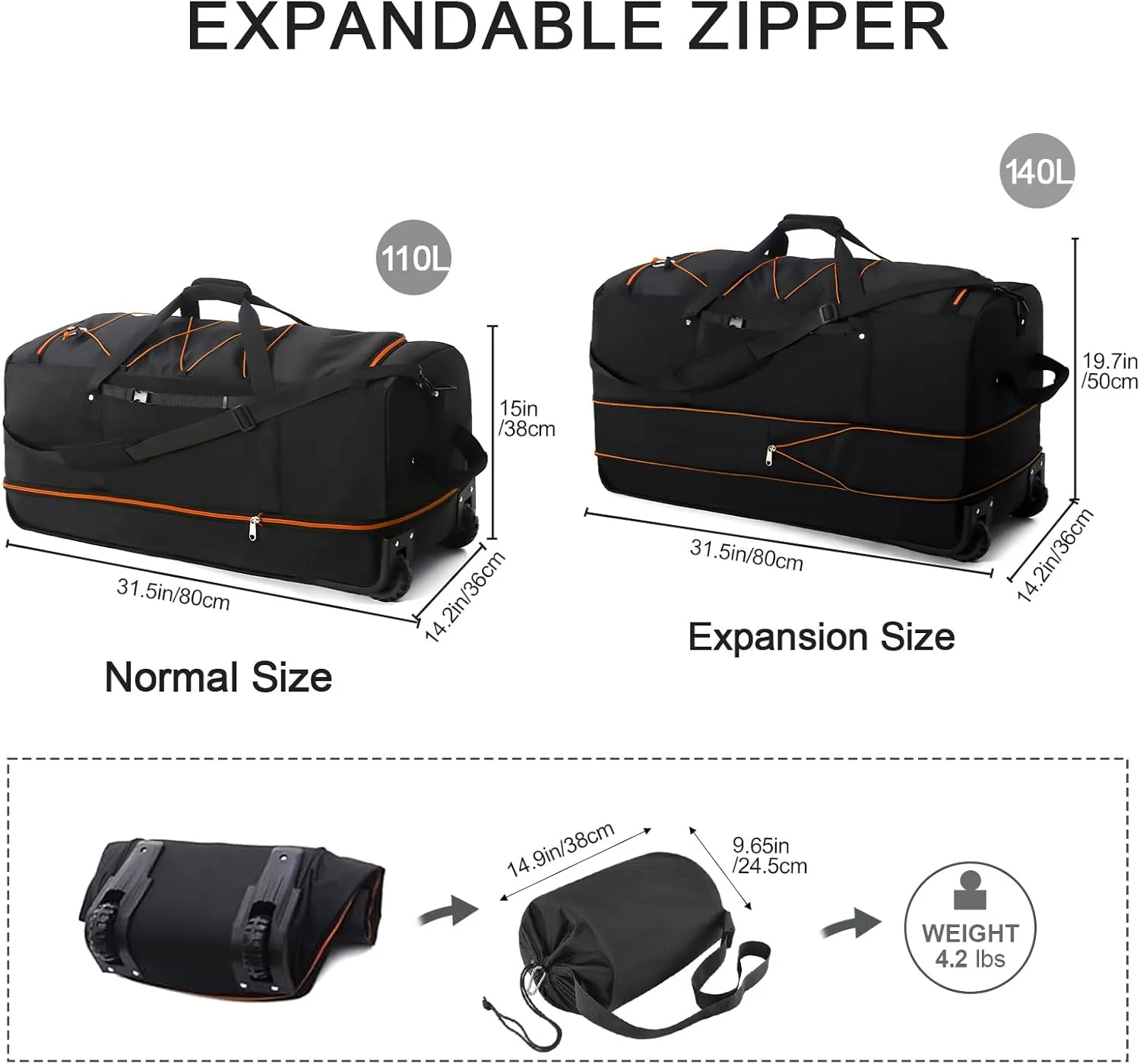 32 Soft Sided Foldable Duffel Bag without Telescopic Handle,110L 140L Expandable Rolling Travel Bag with 2 Wheels,Multiple Compartments,Black Orange