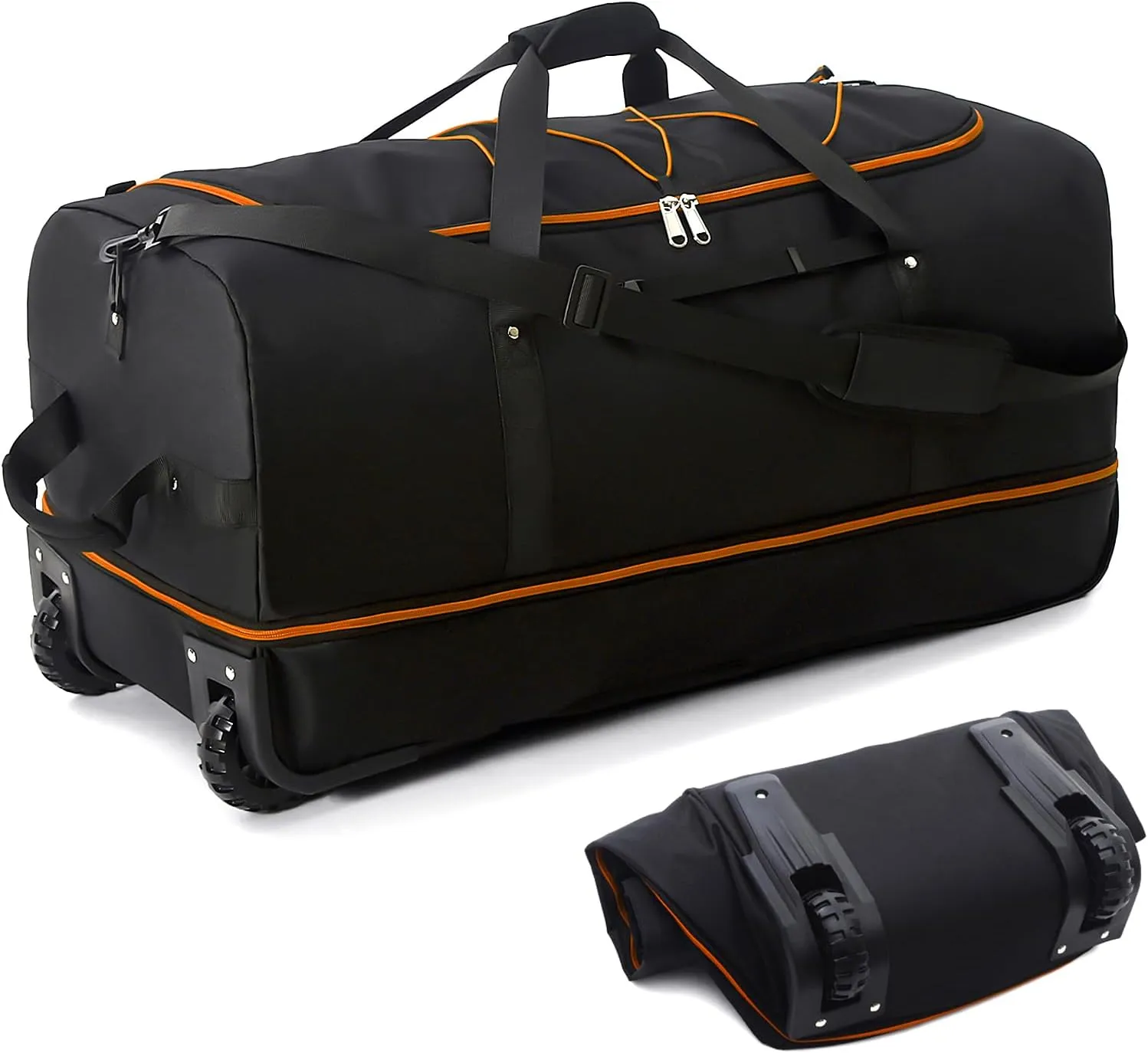32 Soft Sided Foldable Duffel Bag without Telescopic Handle,110L 140L Expandable Rolling Travel Bag with 2 Wheels,Multiple Compartments,Black Orange