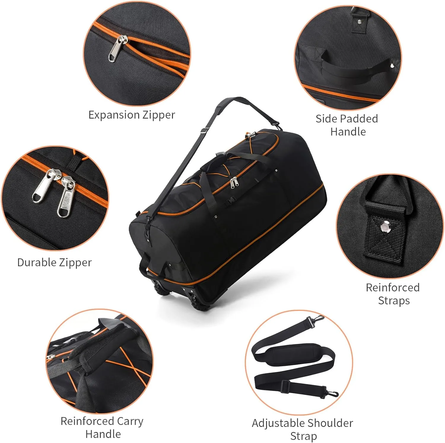 32 Soft Sided Foldable Duffel Bag without Telescopic Handle,110L 140L Expandable Rolling Travel Bag with 2 Wheels,Multiple Compartments,Black Orange