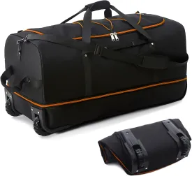 32 Soft Sided Foldable Duffel Bag without Telescopic Handle,110L 140L Expandable Rolling Travel Bag with 2 Wheels,Multiple Compartments,Black Orange
