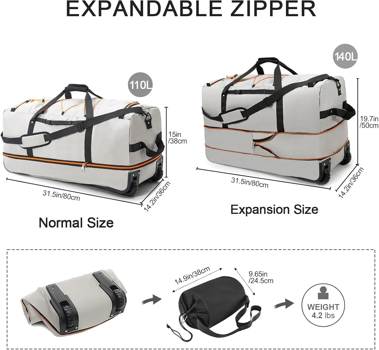32 Soft Sided Foldable Duffel Bag without Telescopic Handle,110L 140L Expandable Rolling Travel Bag with 2 Wheels,Multiple Compartments,Grey