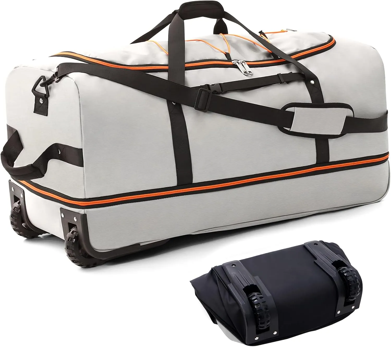 32 Soft Sided Foldable Duffel Bag without Telescopic Handle,110L 140L Expandable Rolling Travel Bag with 2 Wheels,Multiple Compartments,Grey
