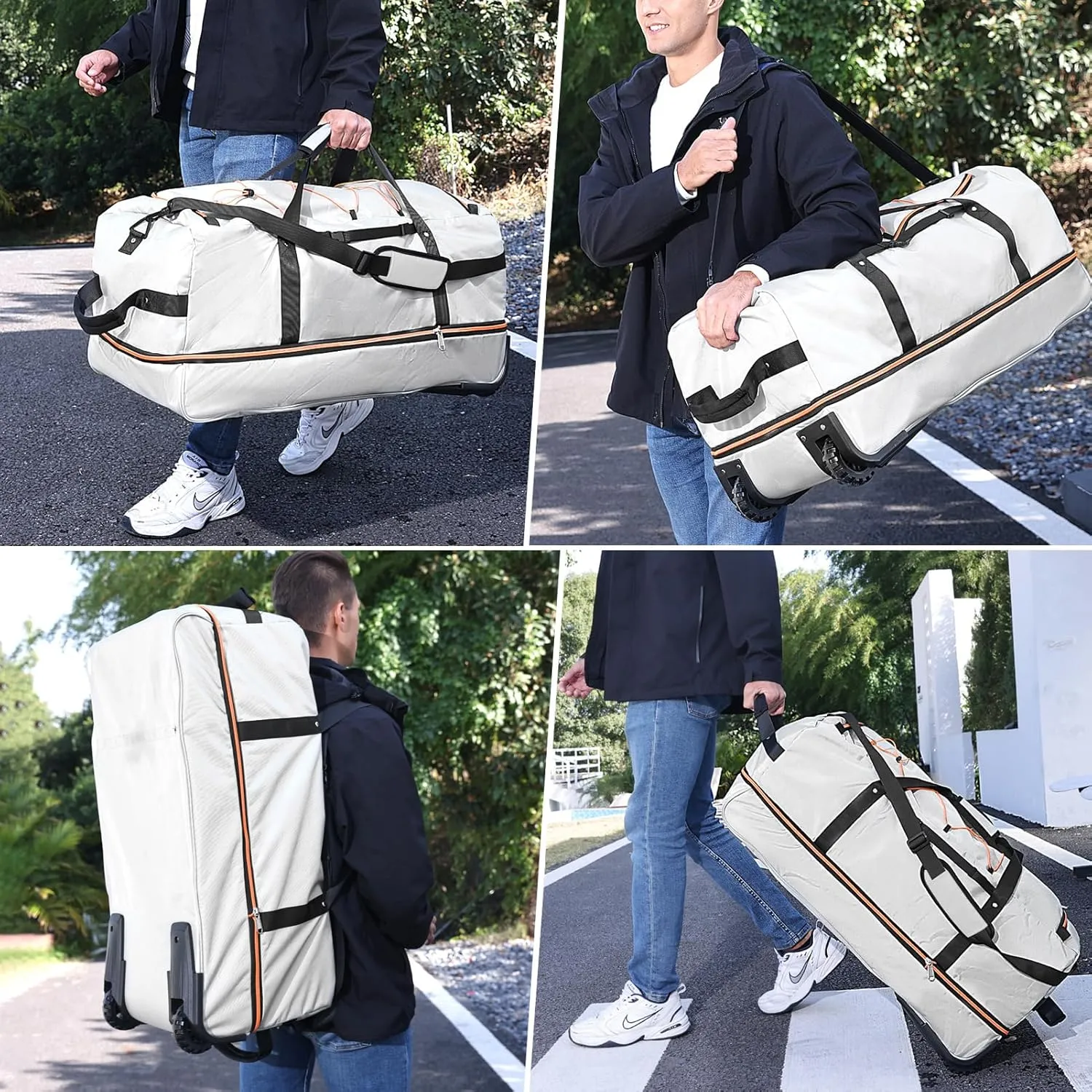 32 Soft Sided Foldable Duffel Bag without Telescopic Handle,110L 140L Expandable Rolling Travel Bag with 2 Wheels,Multiple Compartments,Grey