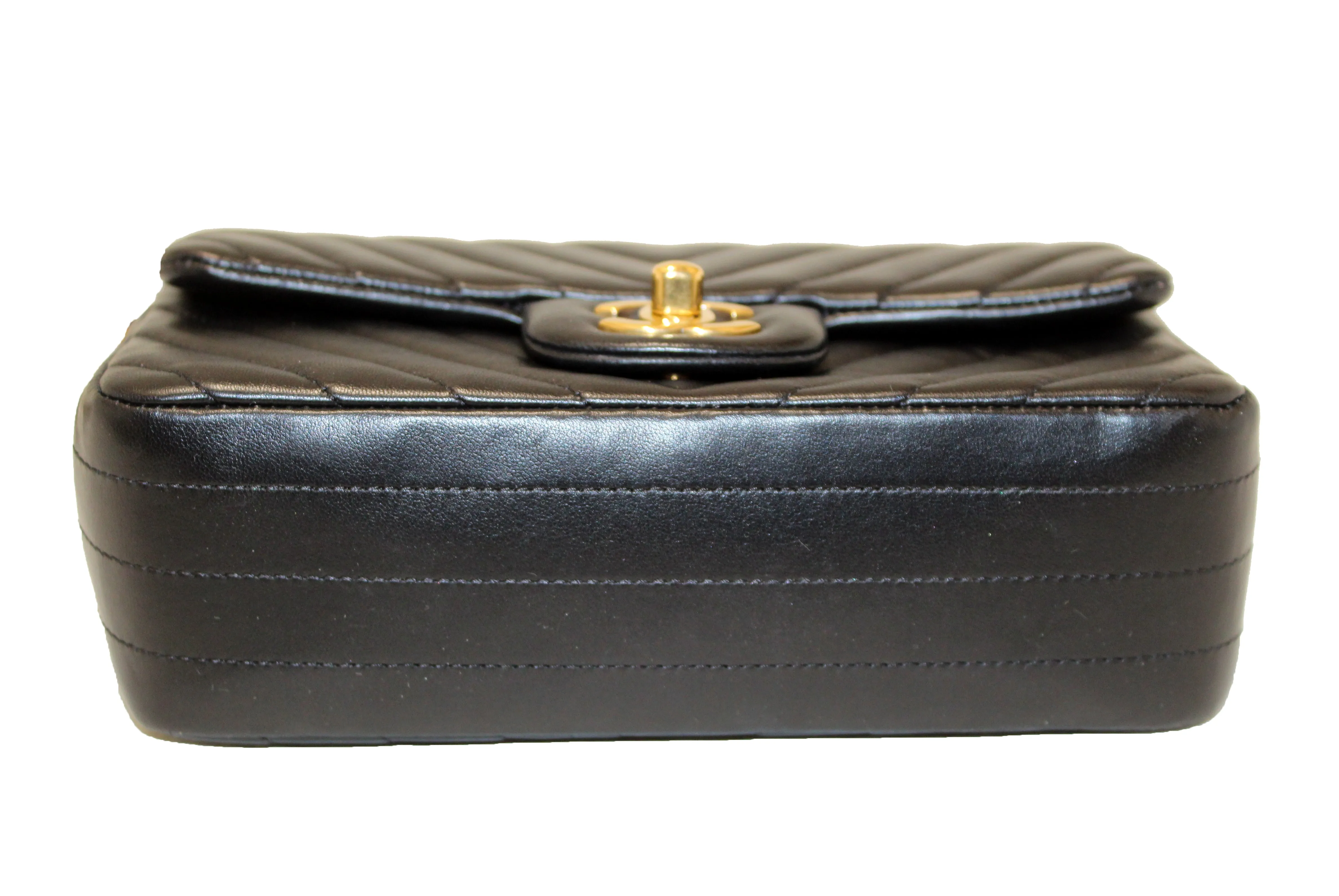 Authentic Chanel Black Chevron Lambskin Leather Classic Mini Rectangle Flap Crossbody Bag