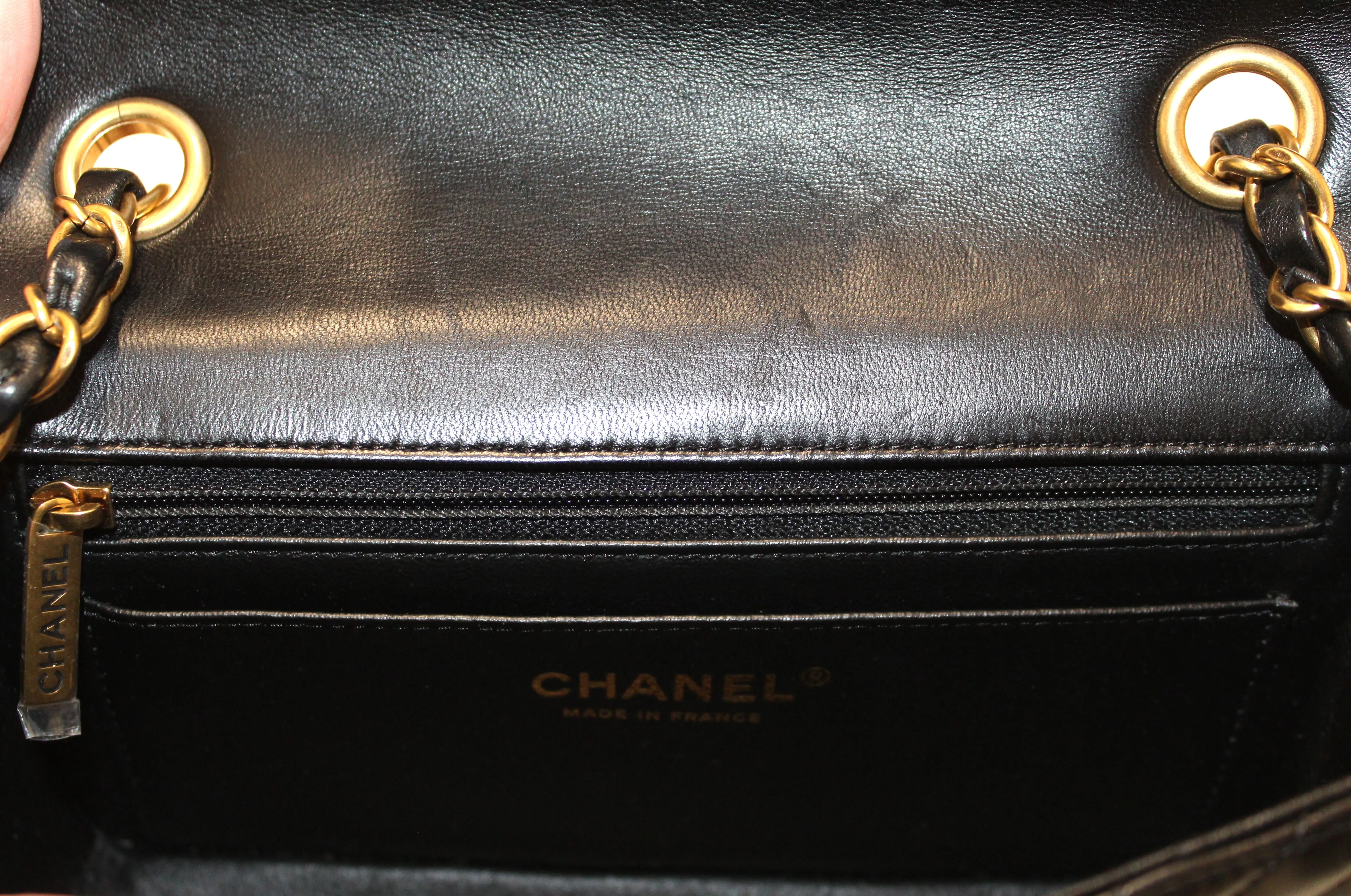 Authentic Chanel Black Chevron Lambskin Leather Classic Mini Rectangle Flap Crossbody Bag