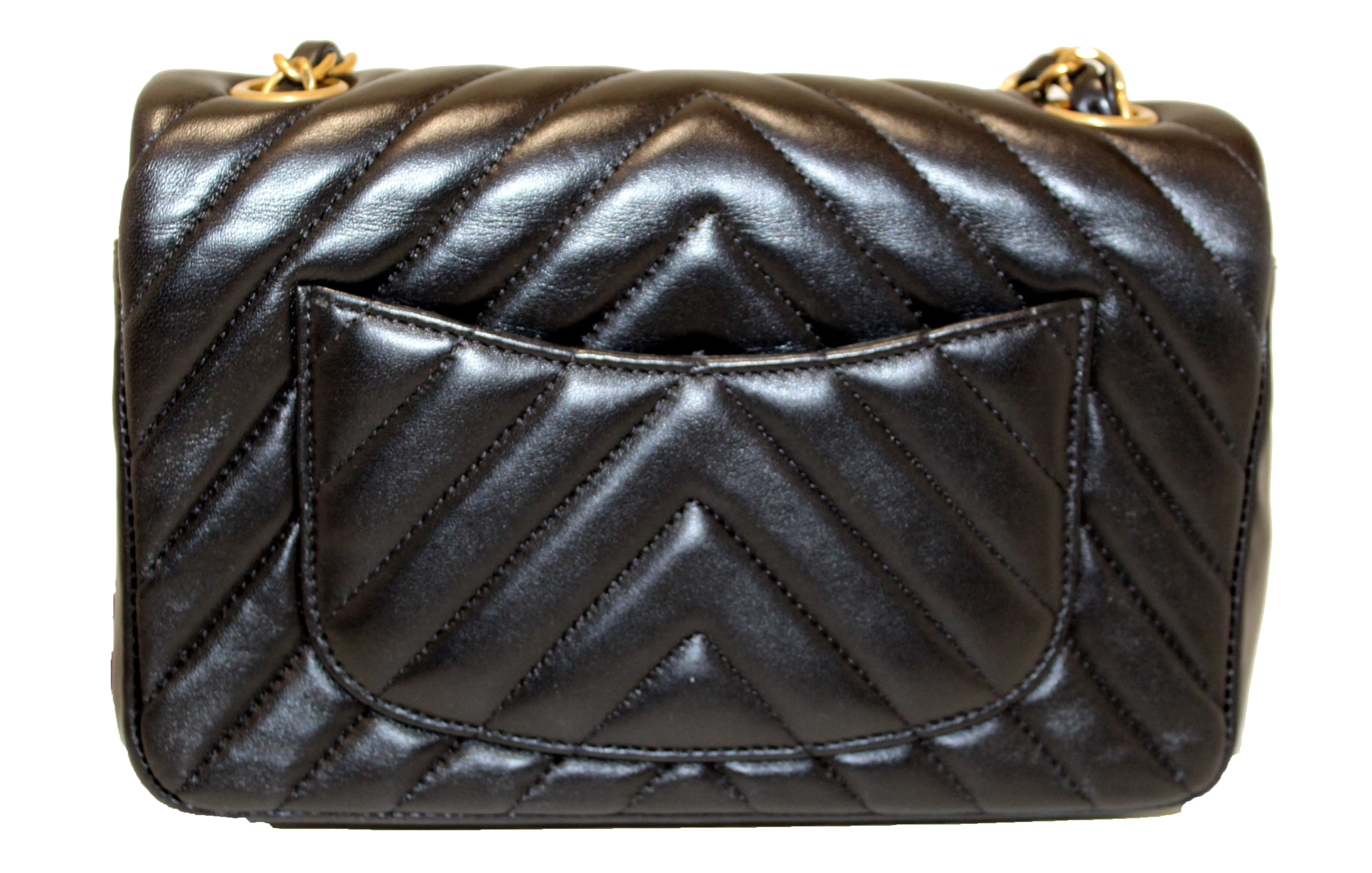 Authentic Chanel Black Chevron Lambskin Leather Classic Mini Rectangle Flap Crossbody Bag