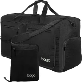 Bago Large Foldable Duffel Bags for Traveling Women & Men - 80L Packable Duffle Bag for Travel with Shoe Compartment - Water Repellant, Heavy Duty, Lightweight Folding & Collapsible (All Black)