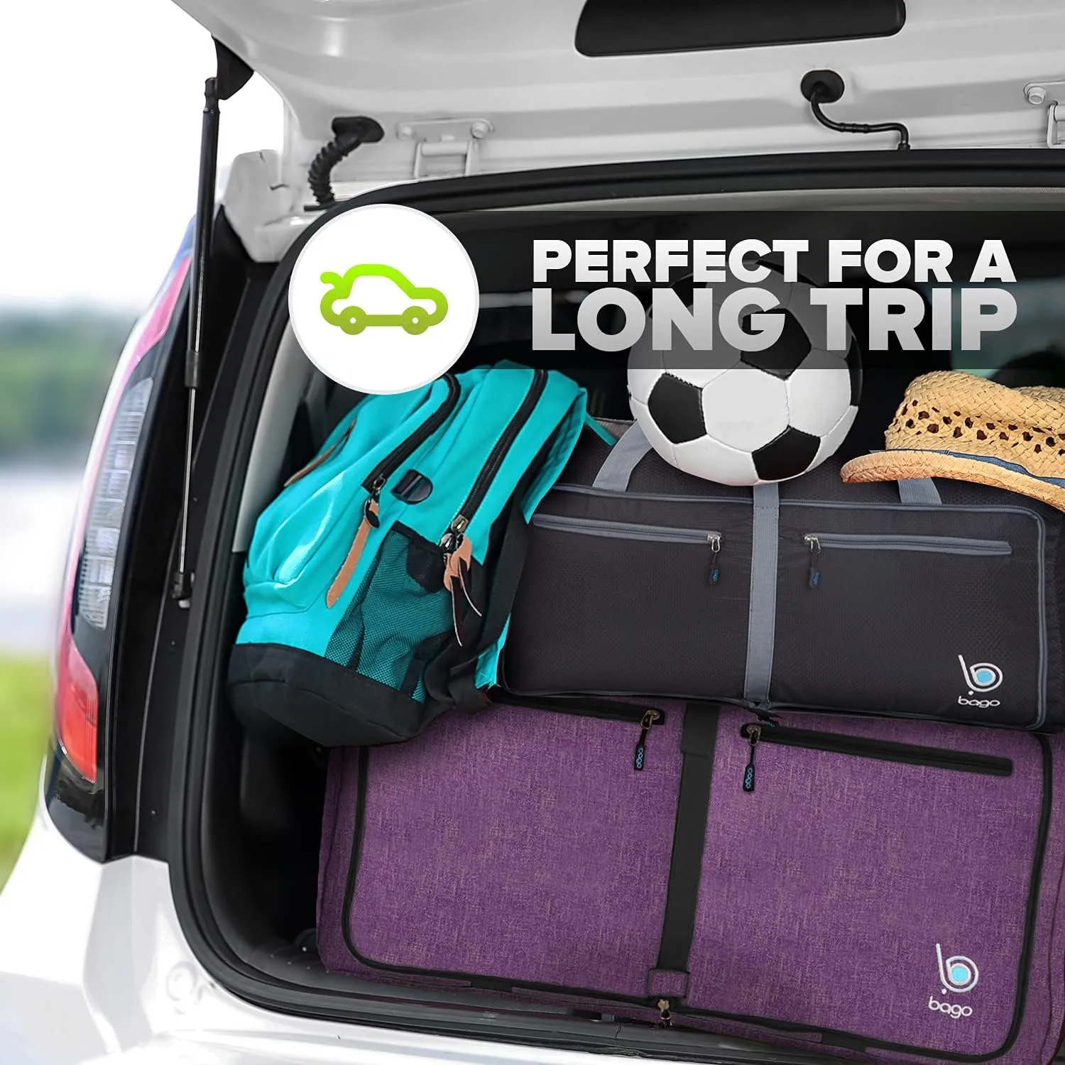 Bago Large Foldable Duffel Bags for Traveling Women & Men - 80L Packable Duffle Bag for Travel with Shoe Compartment - Water Repellant, Heavy Duty, Lightweight Folding & Collapsible (SnowDepPurple)