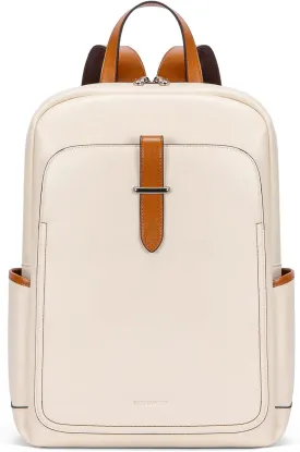 BOSTANTEN Leather Laptop Backpack for Women,15.6 inch Computer Backpack Purse College Daypack Work Travel Bag Beige-White