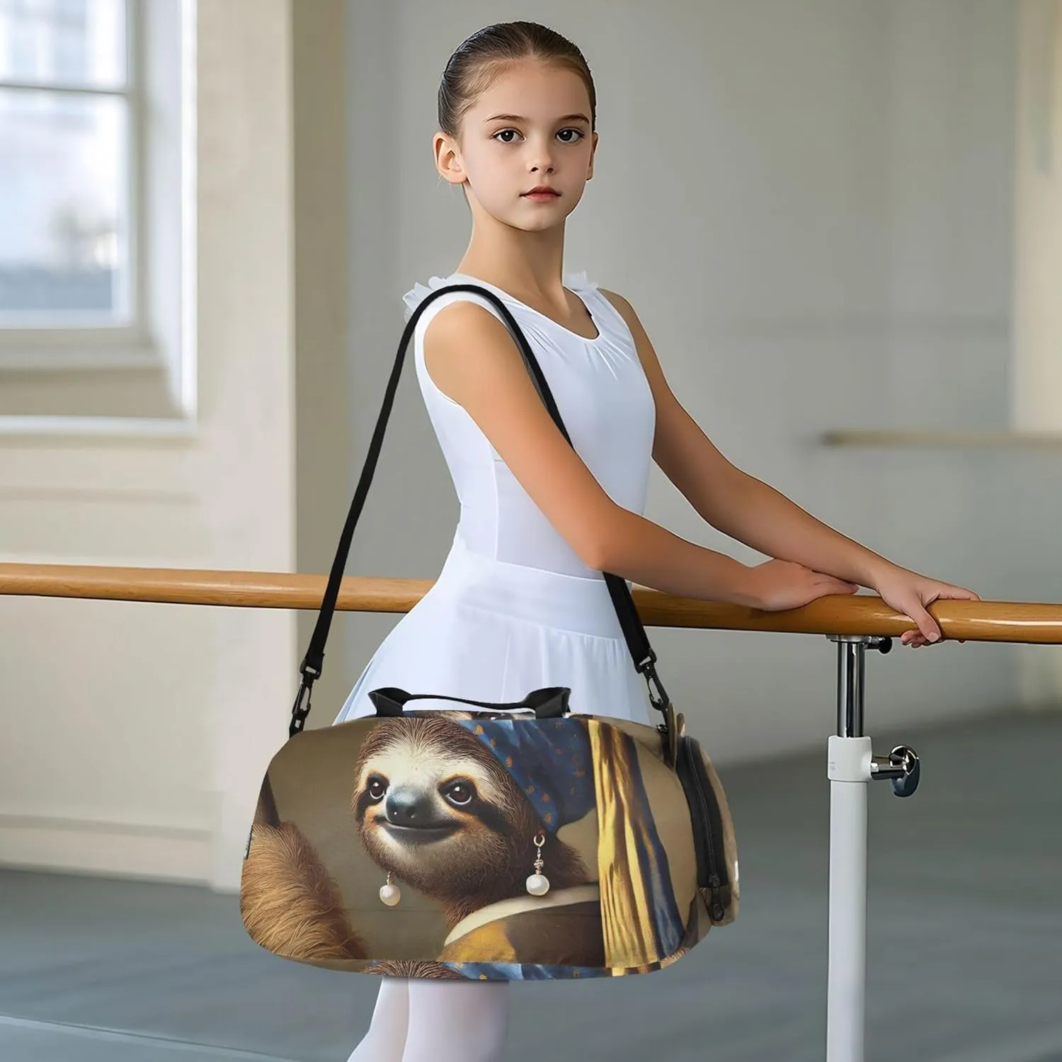 Boys Carry on Duffel Artistic Sloth Pearl Earring Weekend Duffel Overnight Girls Duffle Bags Travel Tote Shoe Compartment