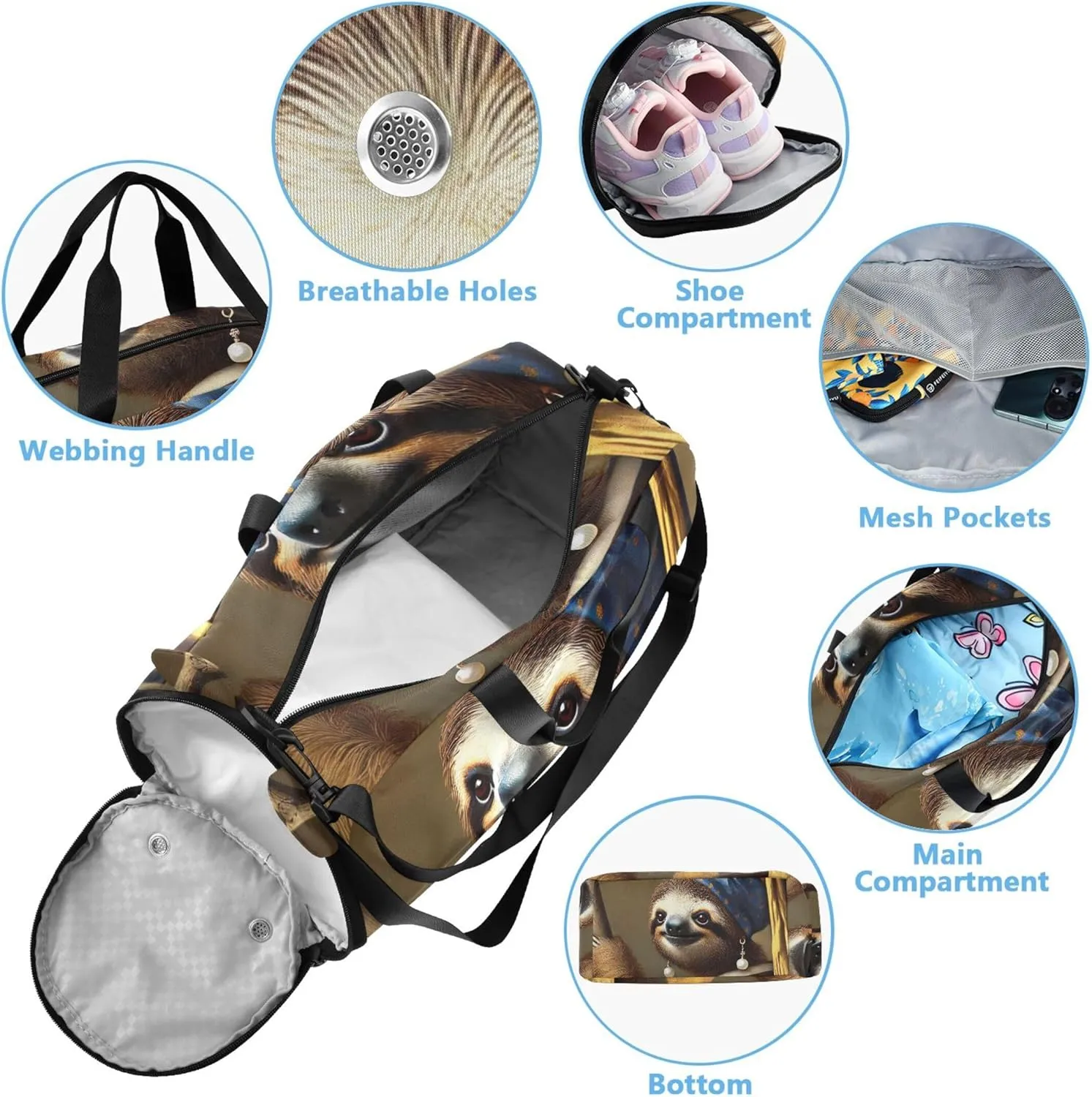 Boys Carry on Duffel Artistic Sloth Pearl Earring Weekend Duffel Overnight Girls Duffle Bags Travel Tote Shoe Compartment