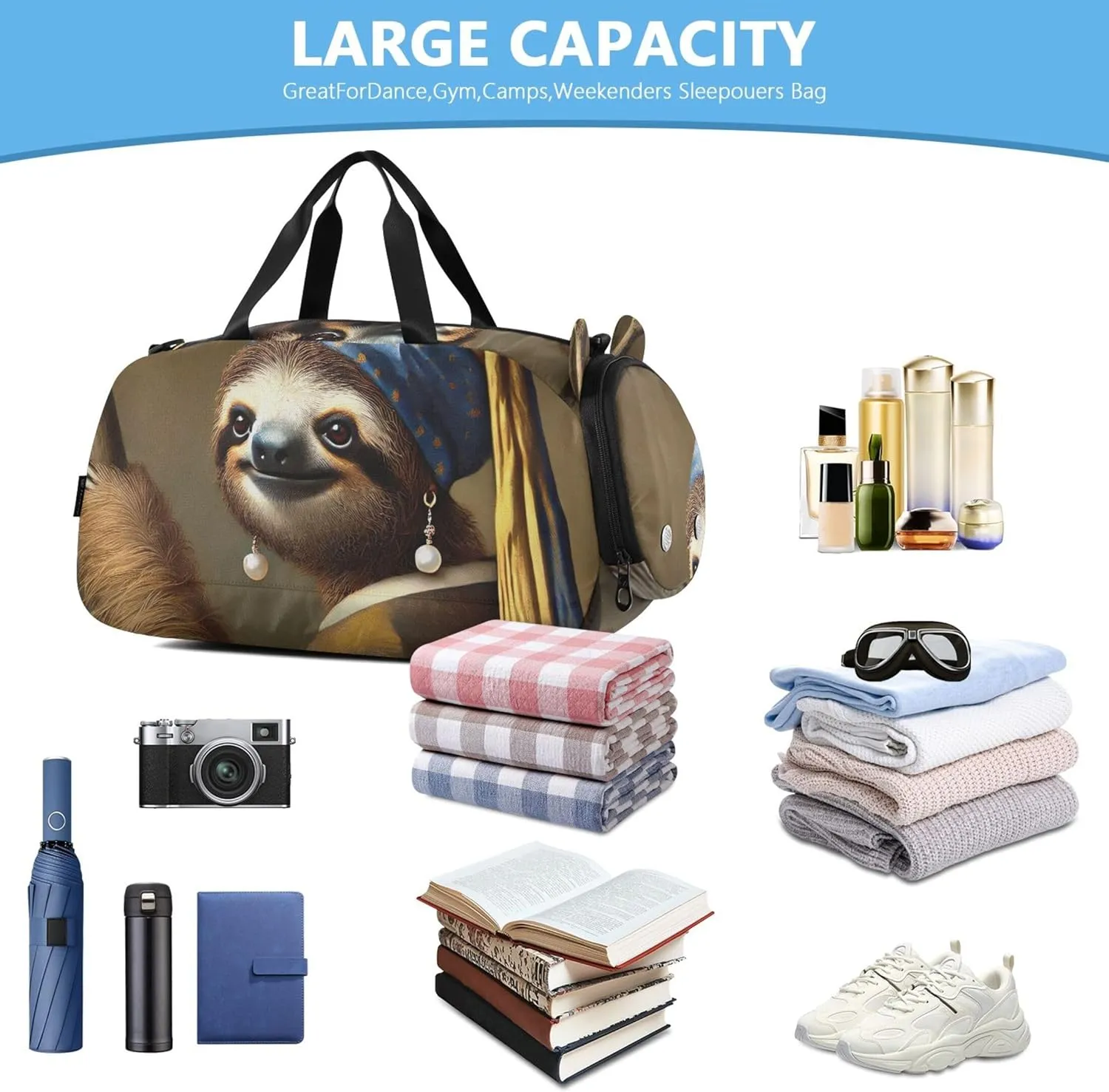 Boys Carry on Duffel Artistic Sloth Pearl Earring Weekend Duffel Overnight Girls Duffle Bags Travel Tote Shoe Compartment