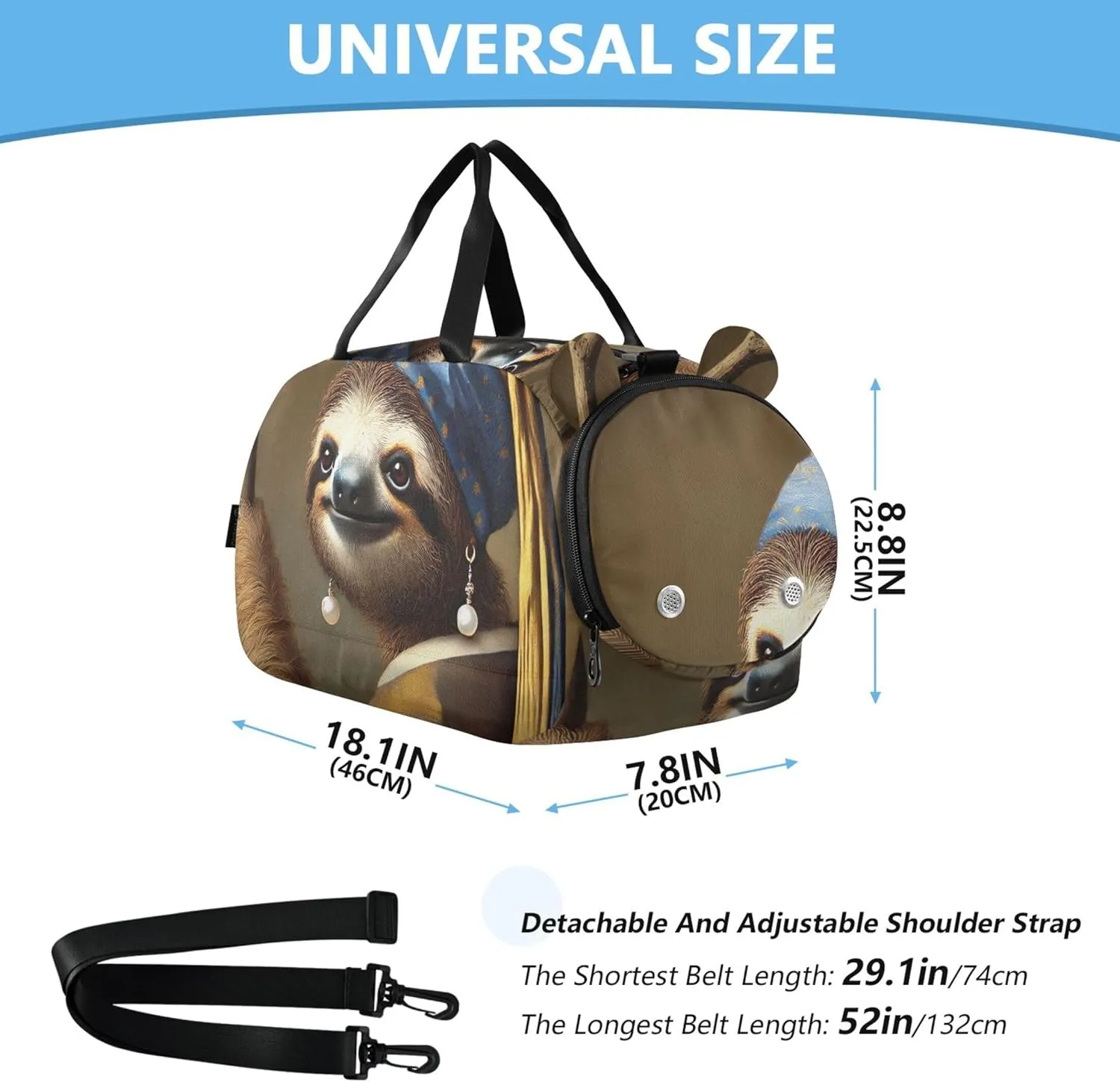 Boys Carry on Duffel Artistic Sloth Pearl Earring Weekend Duffel Overnight Girls Duffle Bags Travel Tote Shoe Compartment