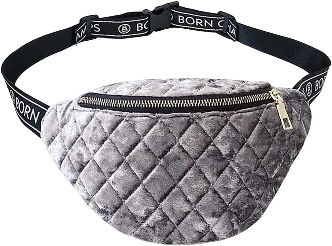 Buddy Women Velvet Lattice Waist Bag Soft Fanny Pack Bum Bag Retro Chest Pack Phone Purse Grey