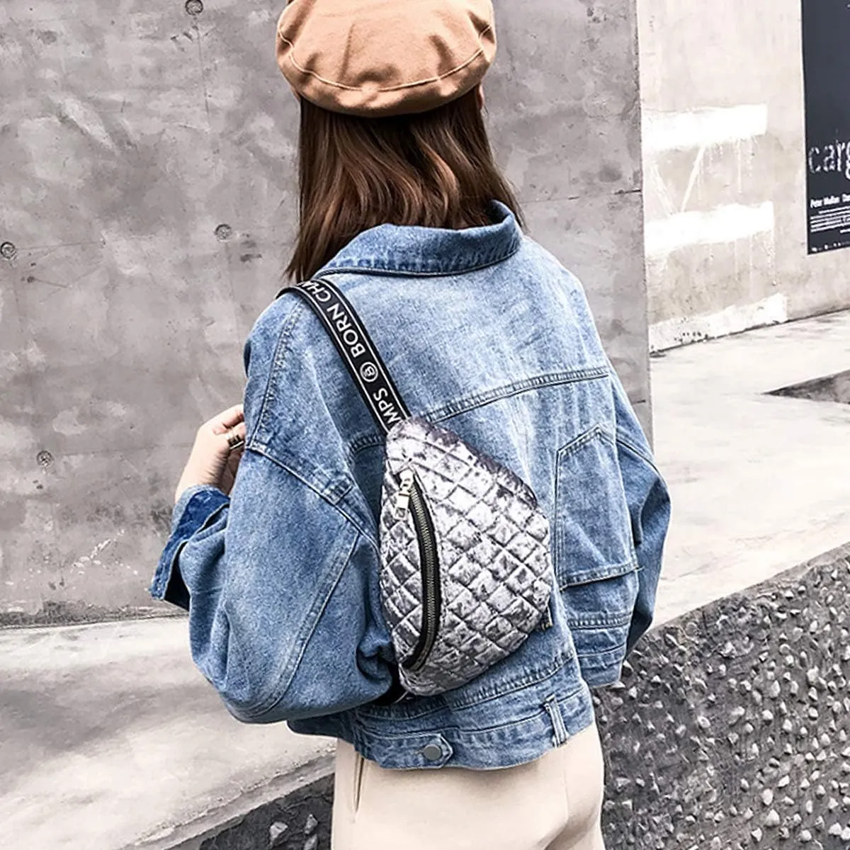 Buddy Women Velvet Lattice Waist Bag Soft Fanny Pack Bum Bag Retro Chest Pack Phone Purse Grey