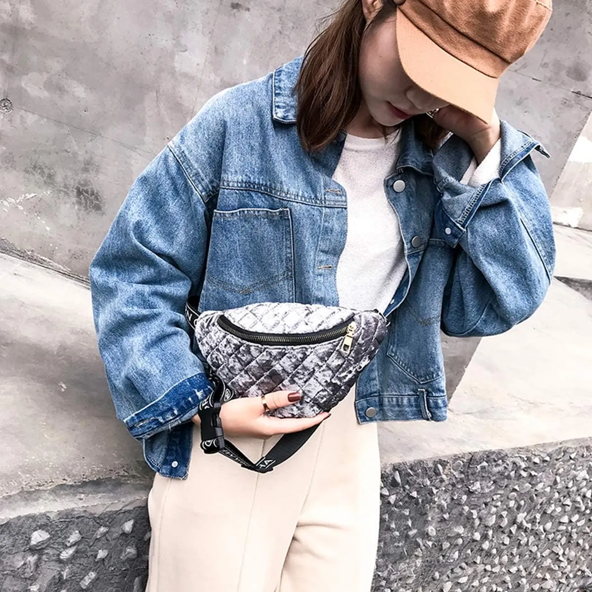 Buddy Women Velvet Lattice Waist Bag Soft Fanny Pack Bum Bag Retro Chest Pack Phone Purse Grey