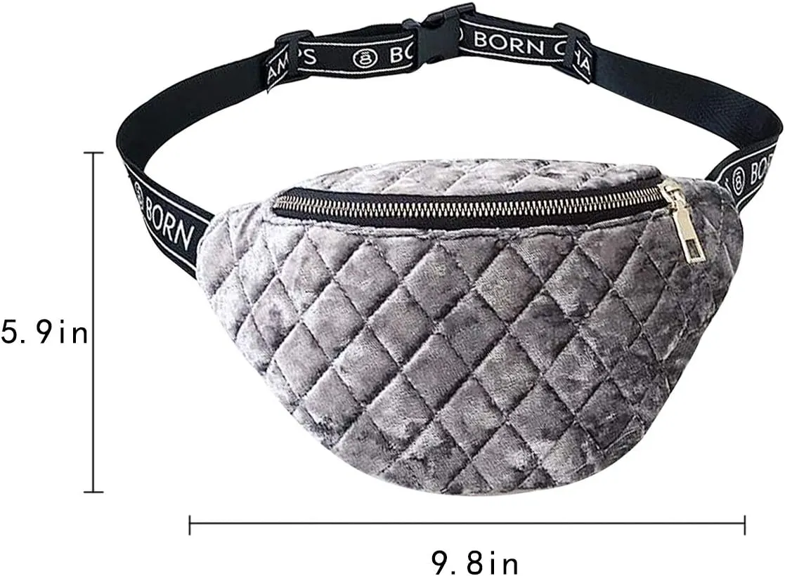 Buddy Women Velvet Lattice Waist Bag Soft Fanny Pack Bum Bag Retro Chest Pack Phone Purse Grey