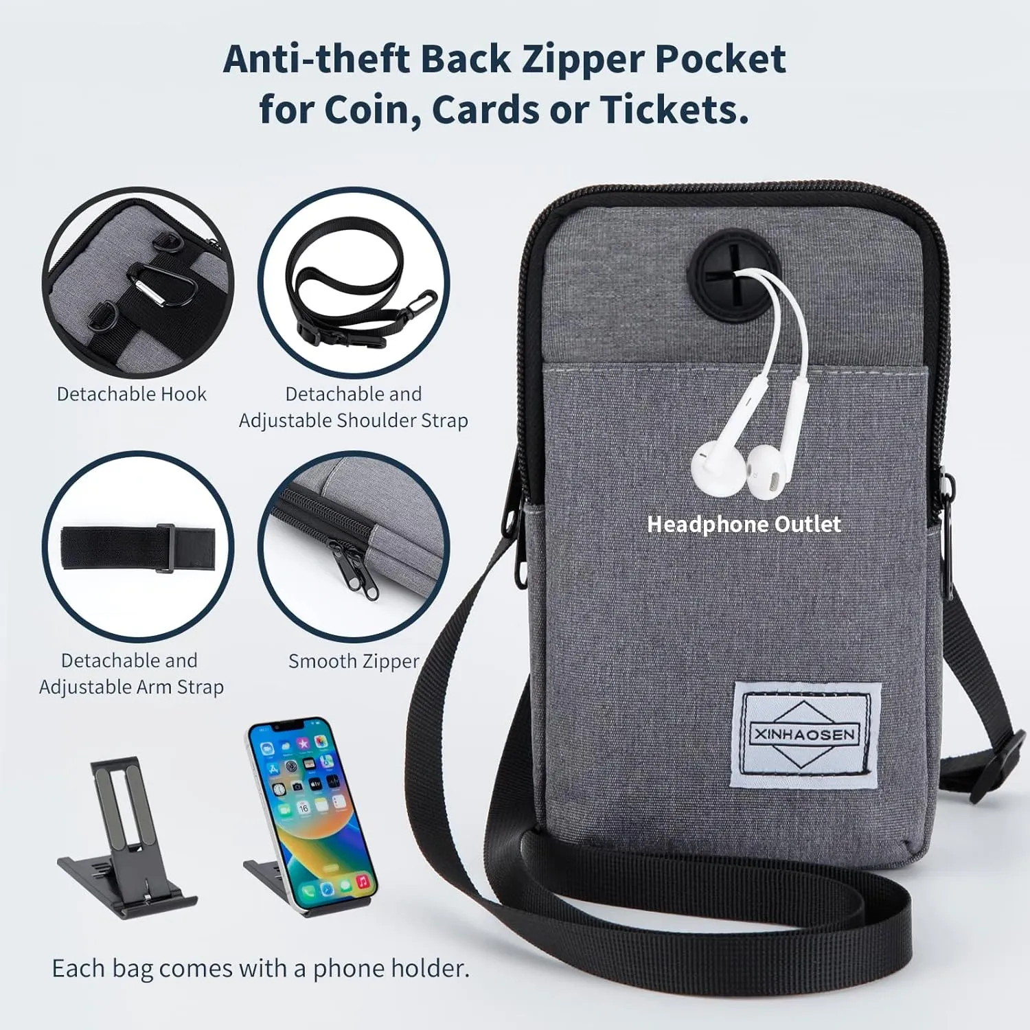 Cell Phone Purse Waist Pack Bag Travel Crossbody Bag Wristband Sport Armband Wallet with Removable Shoulder Strap (Dark Grey)