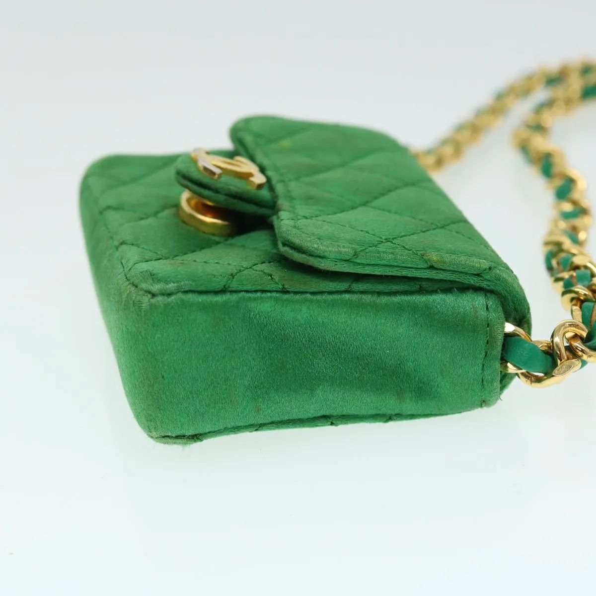 CHANEL Mini Matelasse Chain Pouch Shoulder Bag Satin Green Gold CC Auth 51271A
