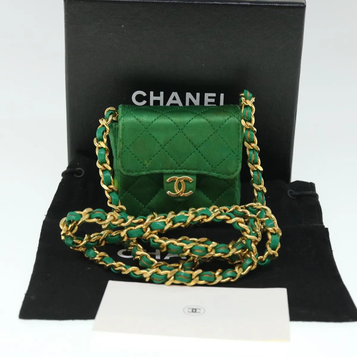 CHANEL Mini Matelasse Chain Pouch Shoulder Bag Satin Green Gold CC Auth 51271A