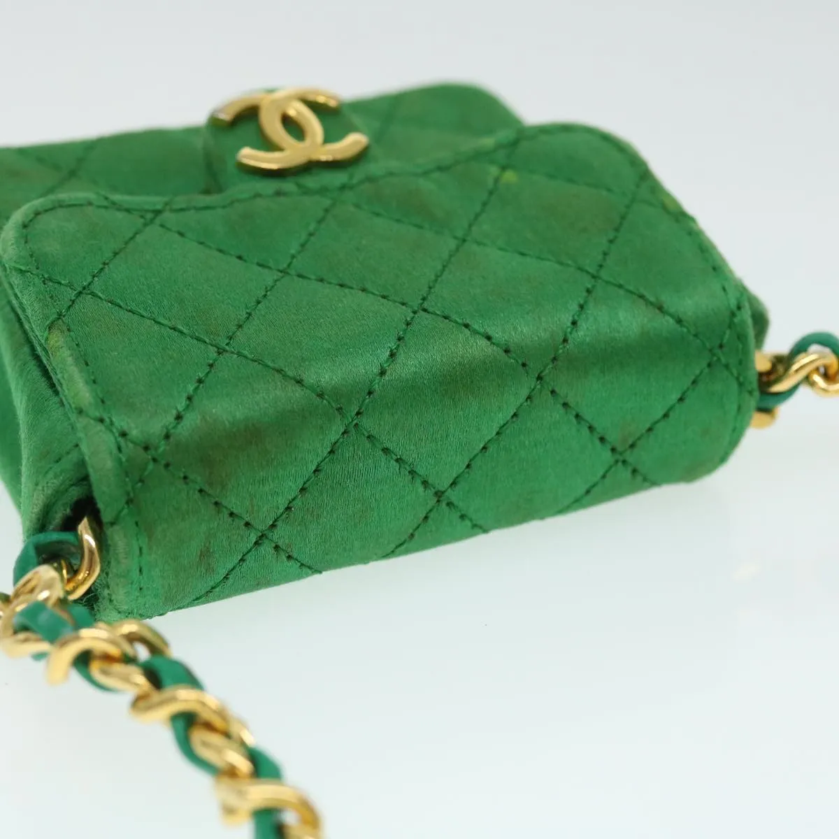 CHANEL Mini Matelasse Chain Pouch Shoulder Bag Satin Green Gold CC Auth 51271A