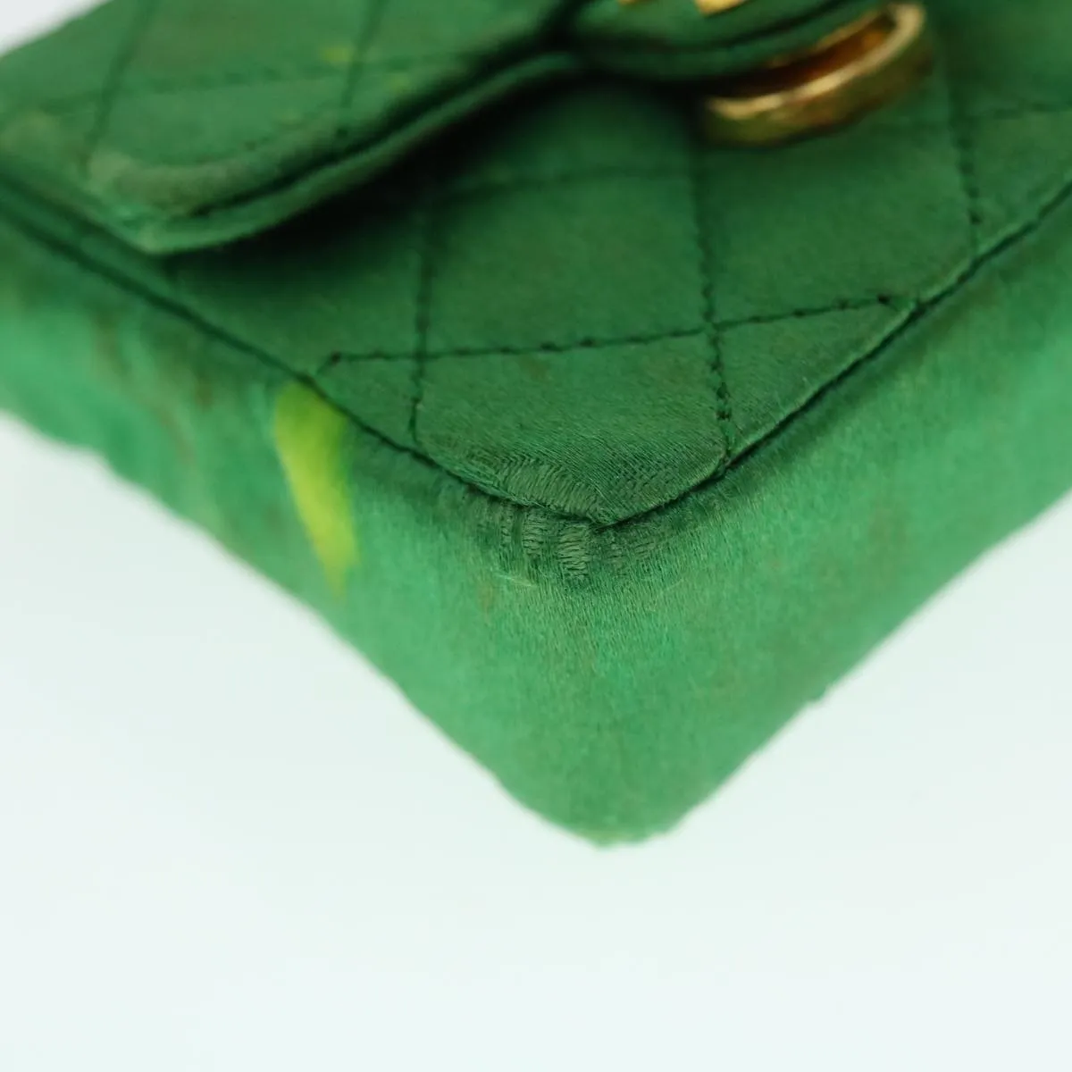 CHANEL Mini Matelasse Chain Pouch Shoulder Bag Satin Green Gold CC Auth 51271A