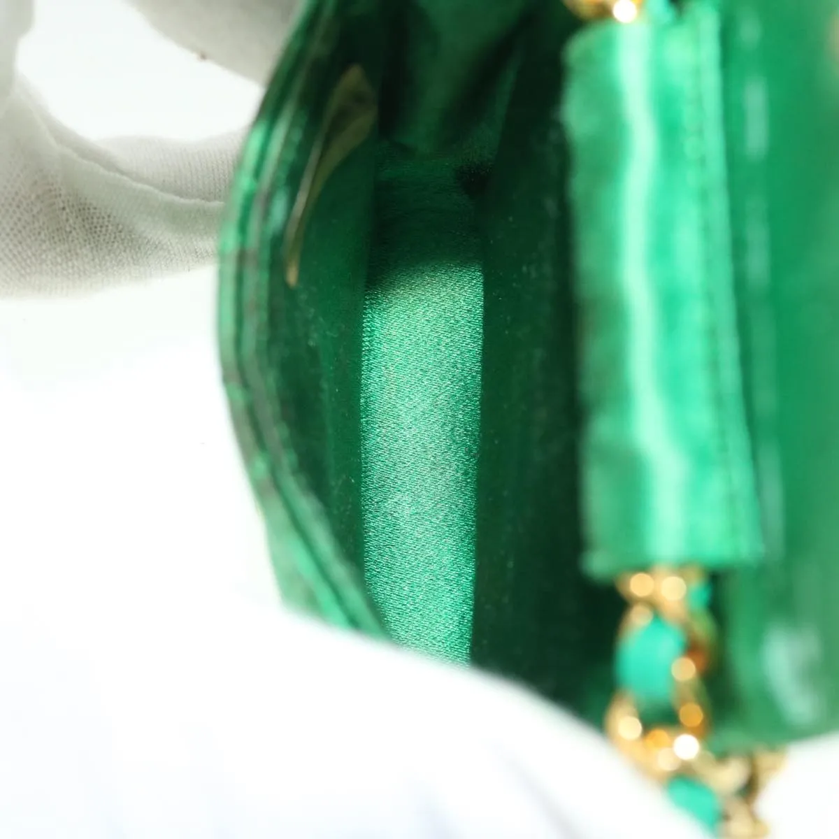CHANEL Mini Matelasse Chain Pouch Shoulder Bag Satin Green Gold CC Auth 51271A