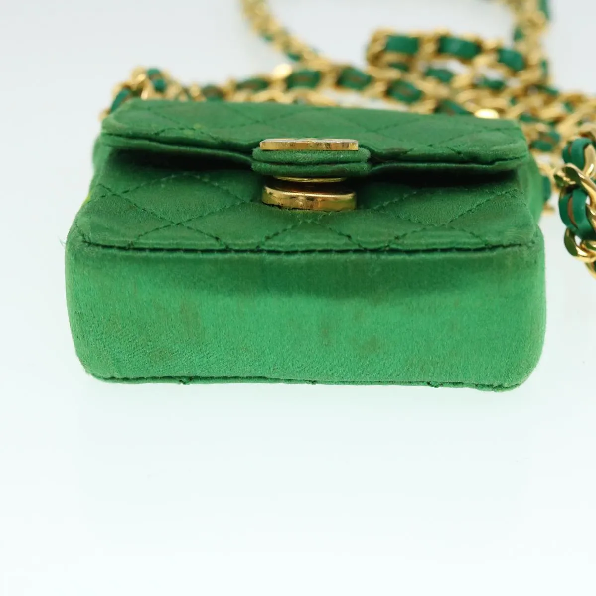 CHANEL Mini Matelasse Chain Pouch Shoulder Bag Satin Green Gold CC Auth 51271A
