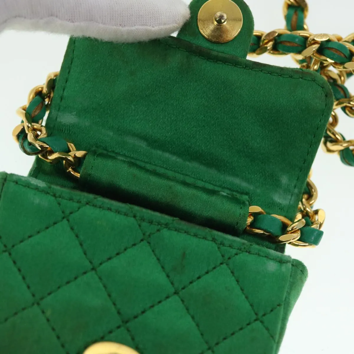 CHANEL Mini Matelasse Chain Pouch Shoulder Bag Satin Green Gold CC Auth 51271A
