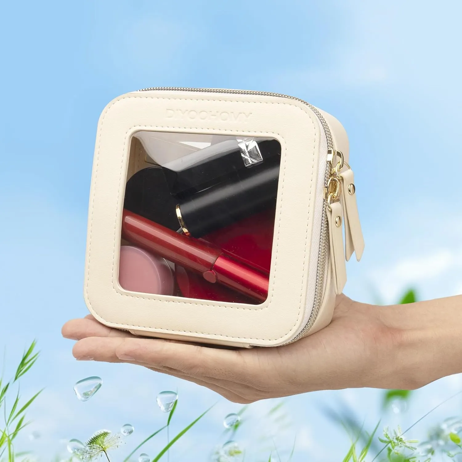 Clear Makeup Bag with Zipper, Black Travel Calpak Toiletry Bag for Women, Mini Leather Cosmetic Organizer Case, Small Portable Purse Pouch