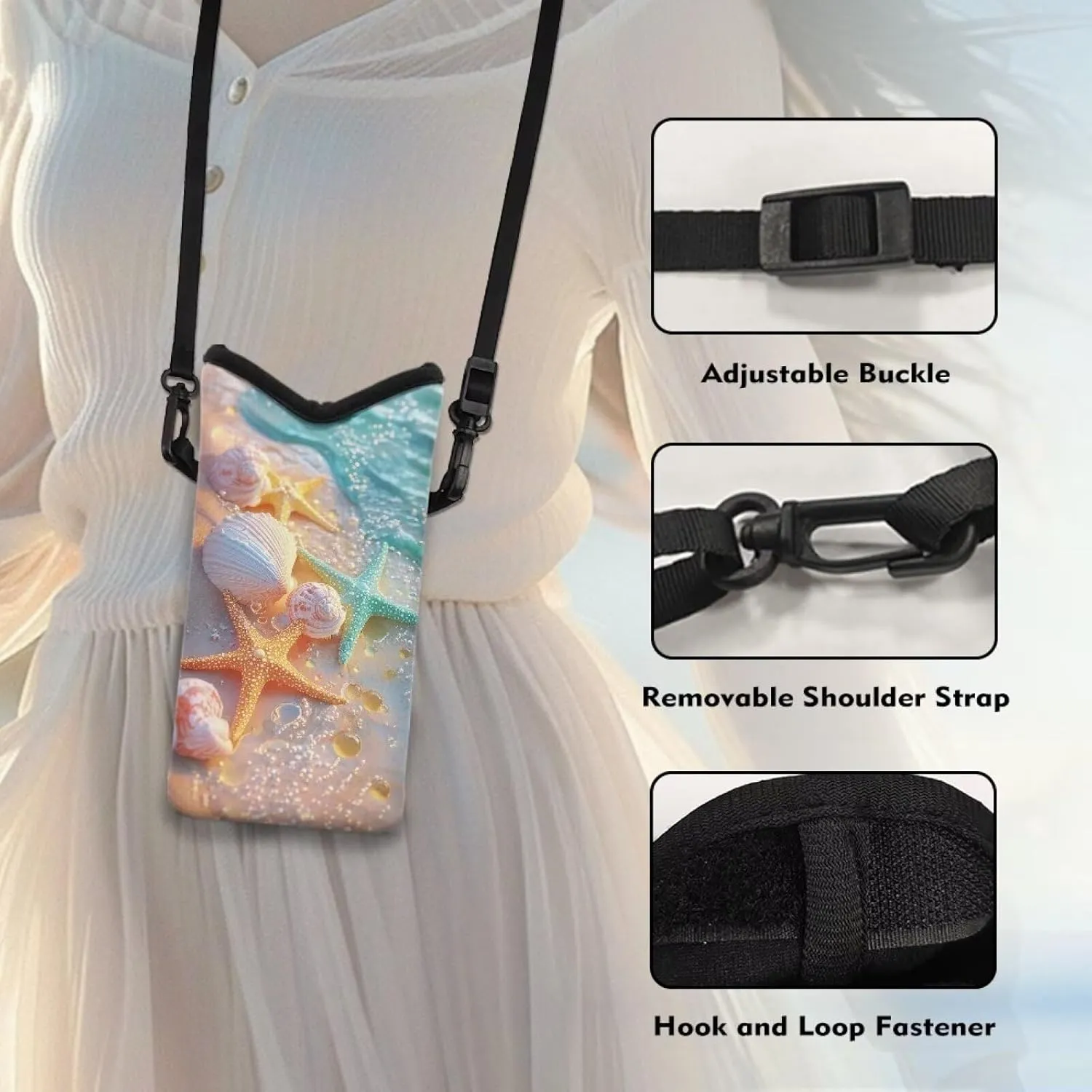 Cross Body Phone Bag for Women Men Water-Resistant Phone Bag Small Crossbody Bag Protective Smartphone Case Pouch Cellphone Pouch Purse Bag, 8 x 4 inch, Starfish Sea Shell Whelk Beach