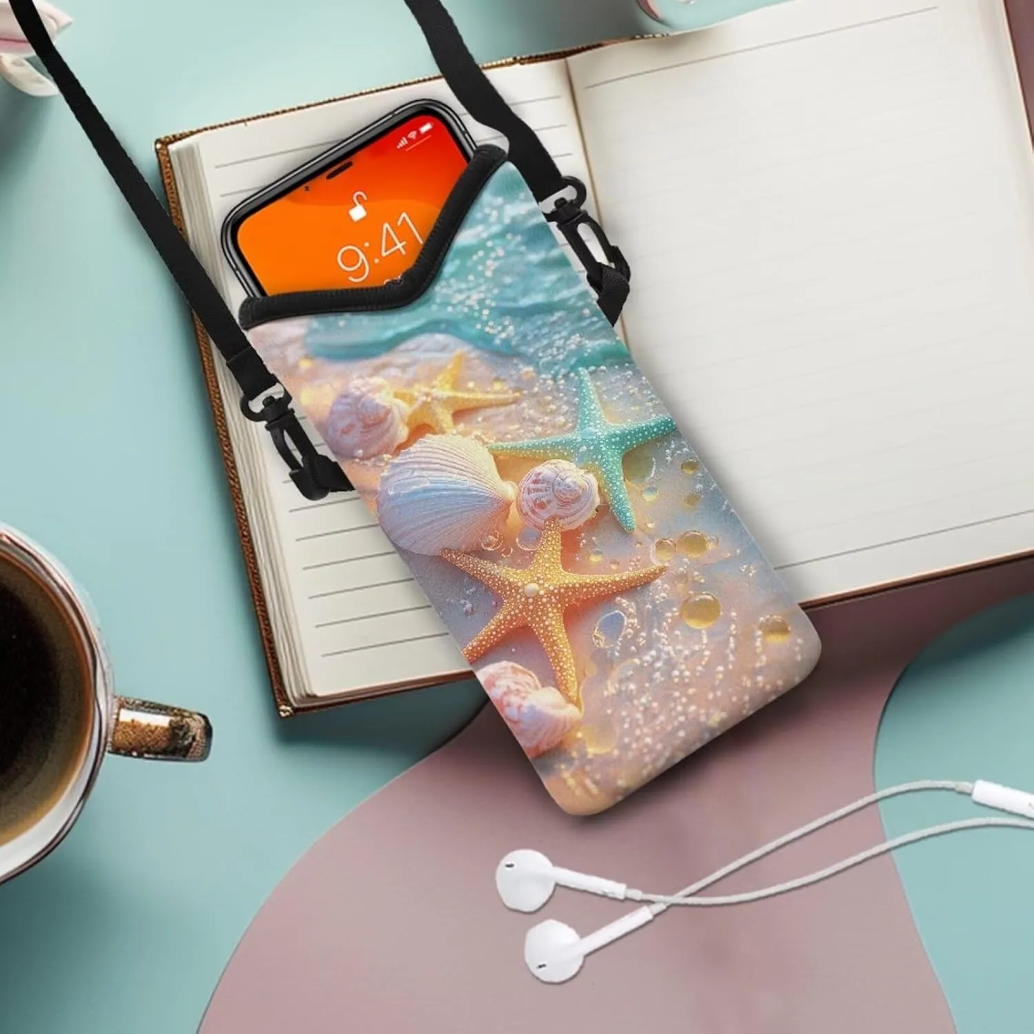 Cross Body Phone Bag for Women Men Water-Resistant Phone Bag Small Crossbody Bag Protective Smartphone Case Pouch Cellphone Pouch Purse Bag, 8 x 4 inch, Starfish Sea Shell Whelk Beach