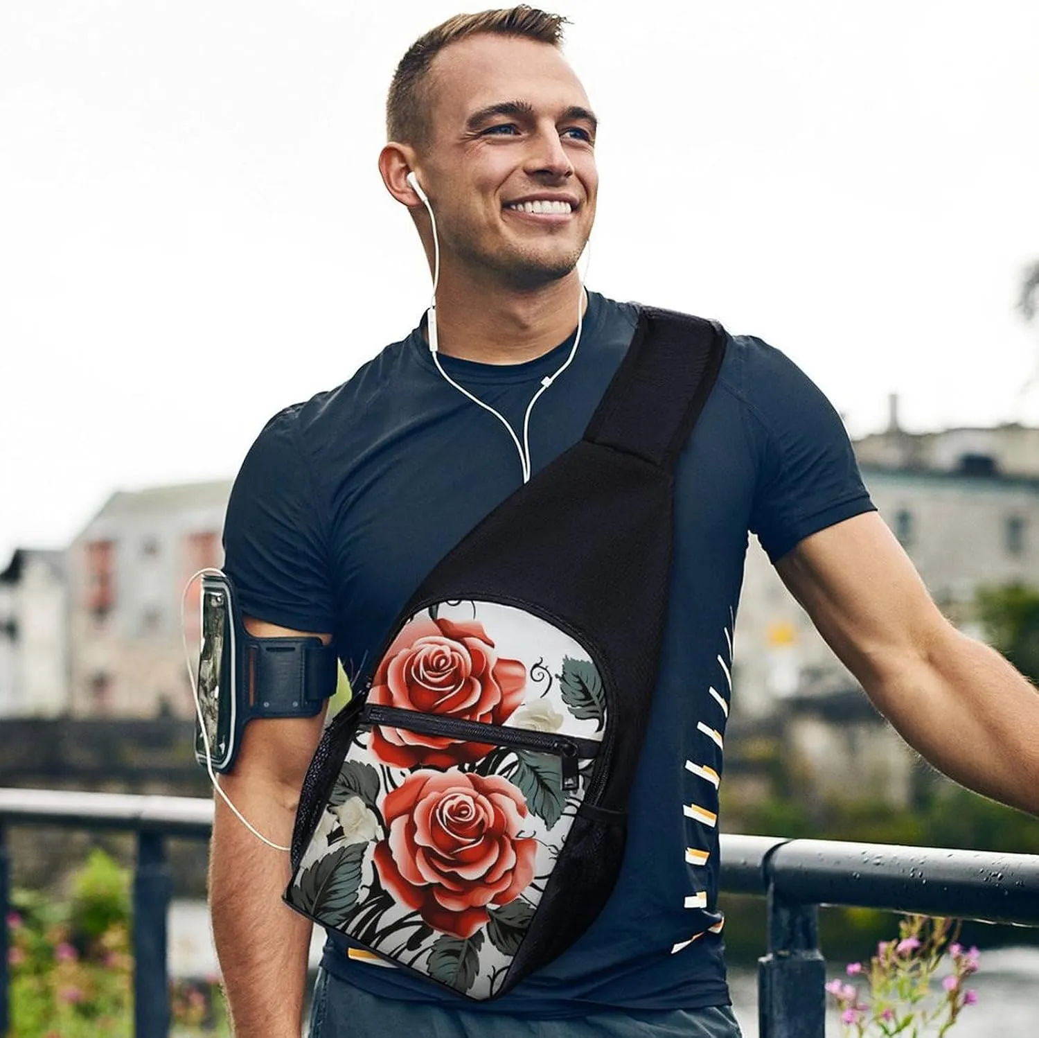 Crossbody Bag for Women Men Sling Bag Floral Swan Chest Bag Crossbody Adjustable Shoulder Bag