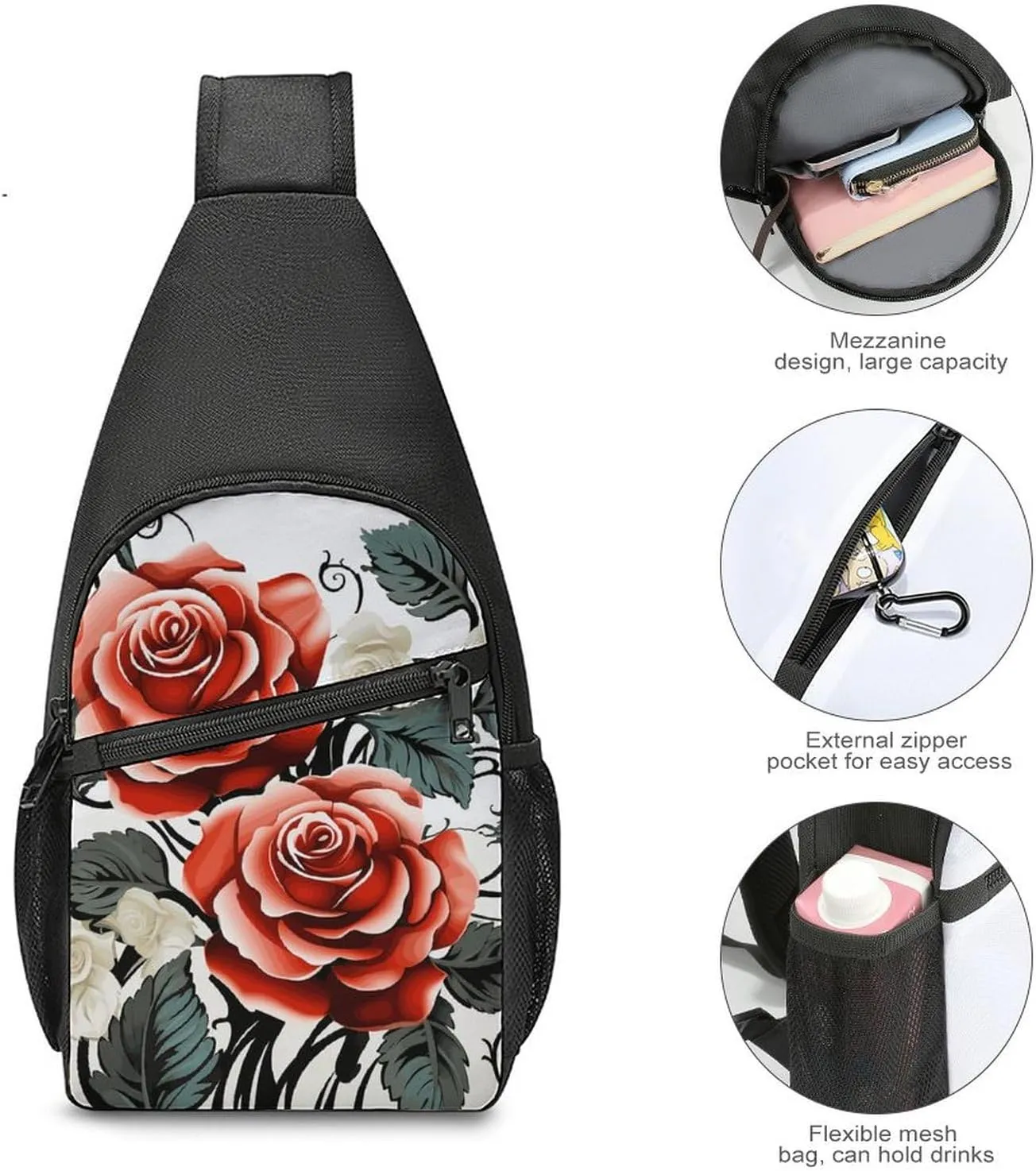 Crossbody Bag for Women Men Sling Bag Floral Swan Chest Bag Crossbody Adjustable Shoulder Bag