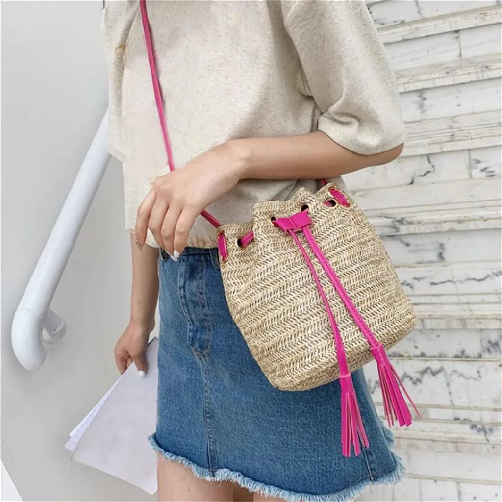 Drawstring Women's Bucket Bag Woven Shoulder Bags Shopping Purse Beach Handbag