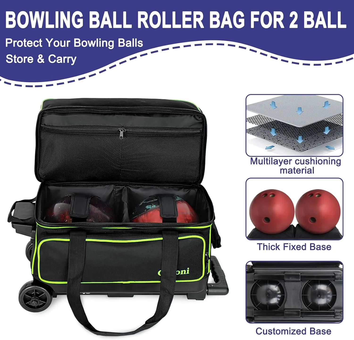 Goloni Double Roller 2 Ball Bowling Bag with Separate Shoe Compartment,2 Ball Bowling Bag with Wheels,Retractable Handle Extends to 40"