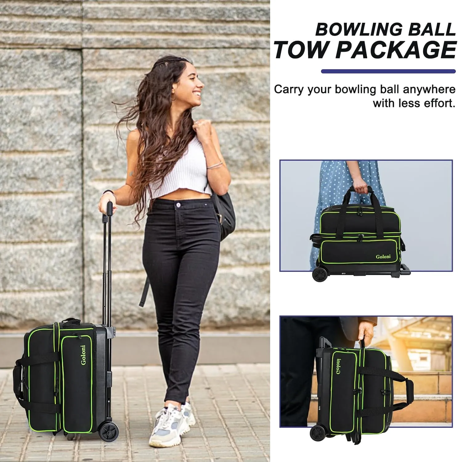 Goloni Double Roller 2 Ball Bowling Bag with Separate Shoe Compartment,2 Ball Bowling Bag with Wheels,Retractable Handle Extends to 40"