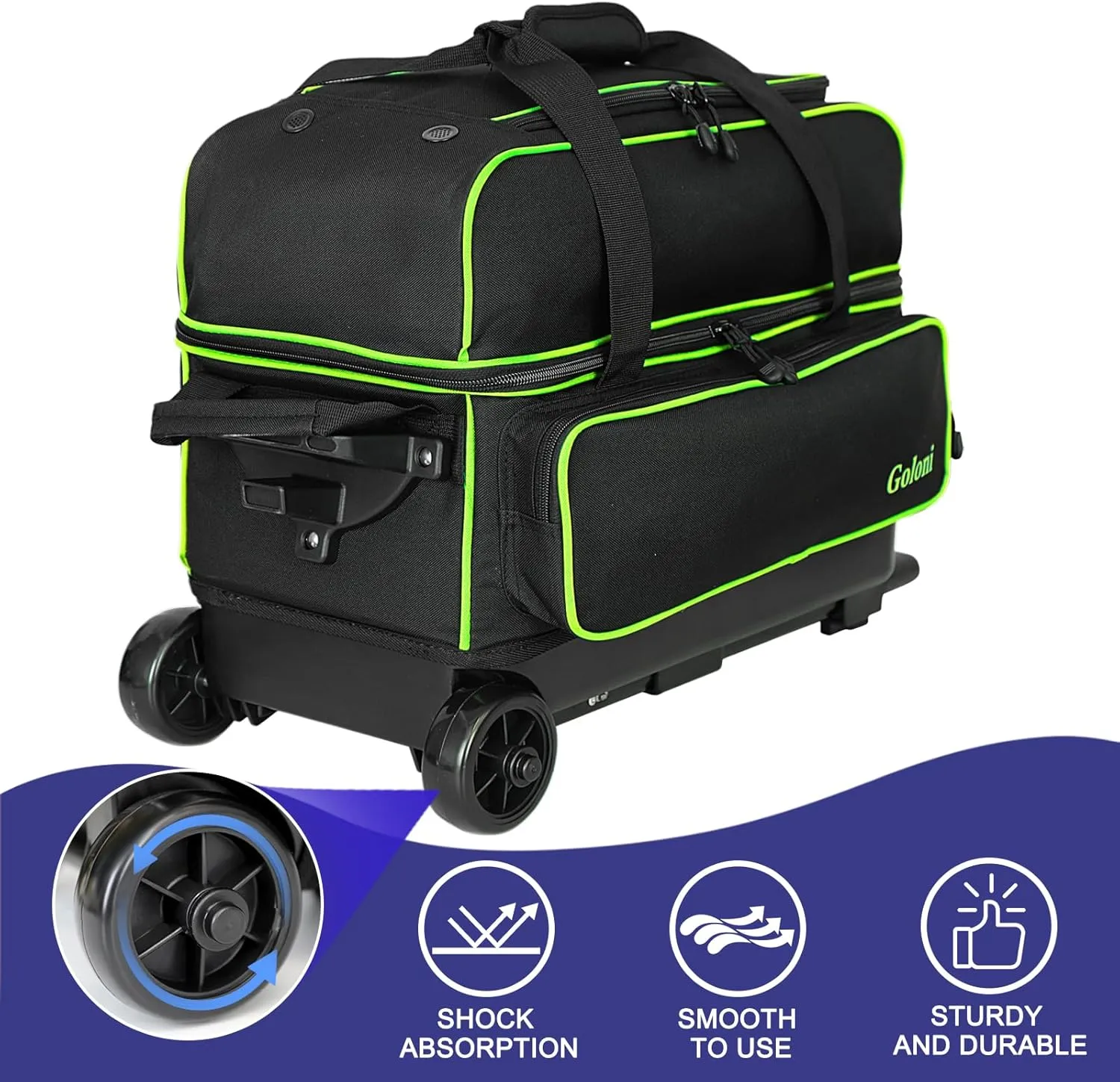 Goloni Double Roller 2 Ball Bowling Bag with Separate Shoe Compartment,2 Ball Bowling Bag with Wheels,Retractable Handle Extends to 40"