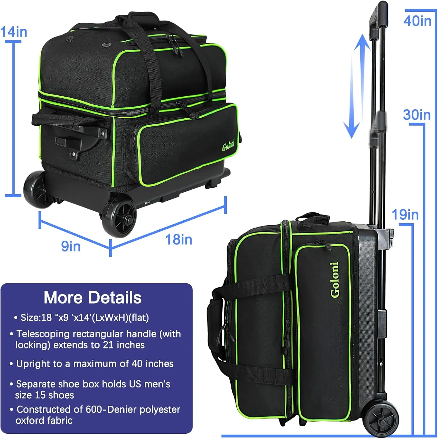 Goloni Double Roller 2 Ball Bowling Bag with Separate Shoe Compartment,2 Ball Bowling Bag with Wheels,Retractable Handle Extends to 40"