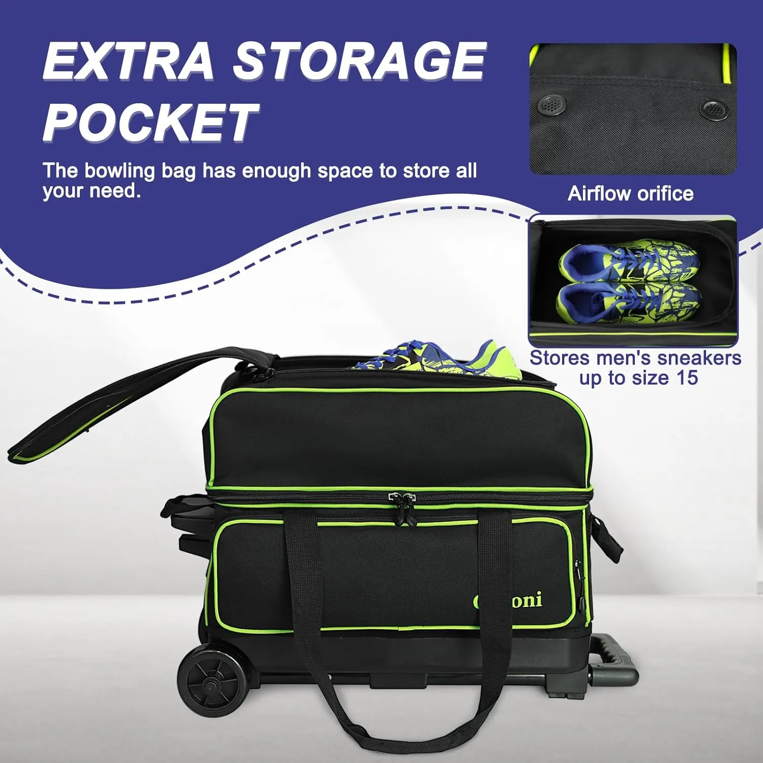 Goloni Double Roller 2 Ball Bowling Bag with Separate Shoe Compartment,2 Ball Bowling Bag with Wheels,Retractable Handle Extends to 40"