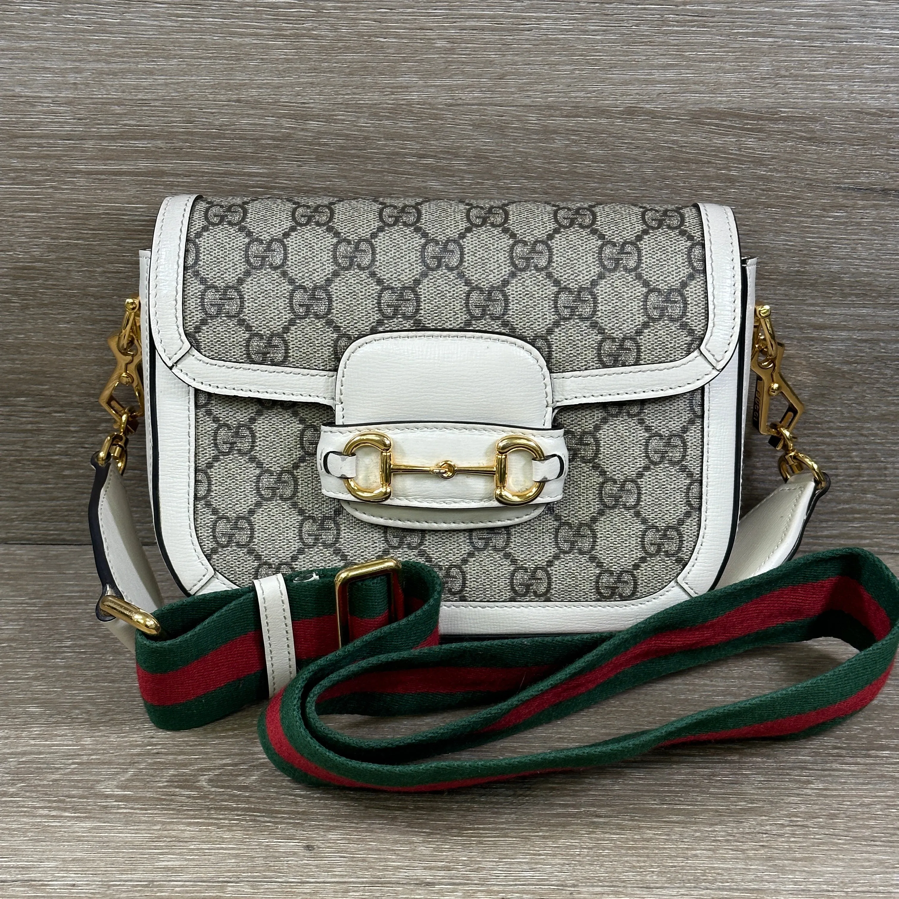 Gucci GG Supreme Monogram Web Mini Horsebit 1955 Shoulder Bag - Beige Mystic White
