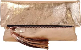JNB Women's Cracked Metallic Fabric Foldover Clutch with Tassel