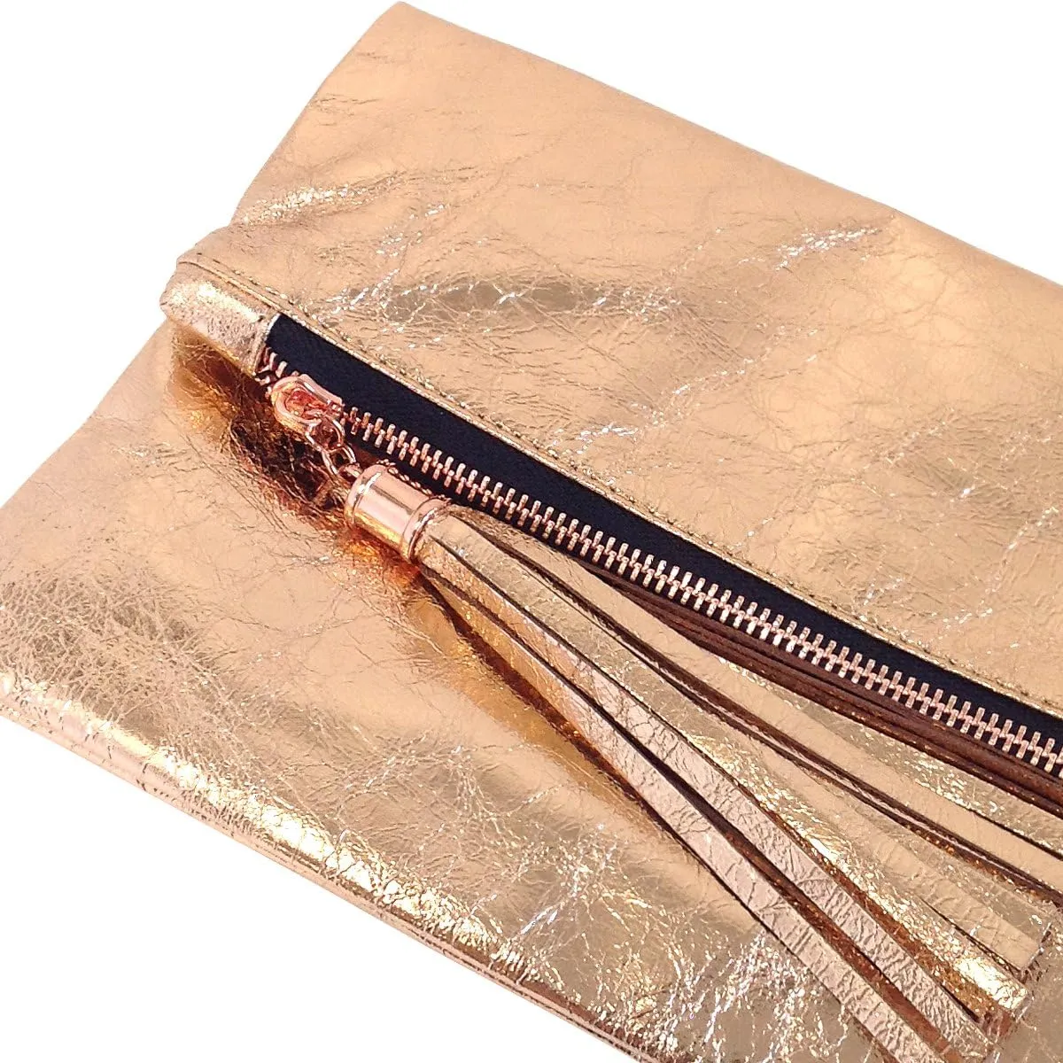 JNB Women's Cracked Metallic Fabric Foldover Clutch with Tassel