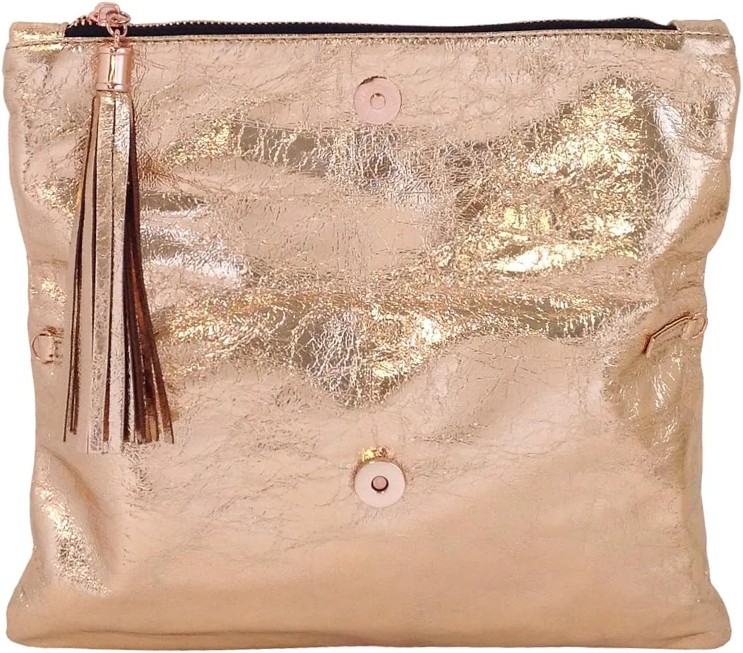 JNB Women's Cracked Metallic Fabric Foldover Clutch with Tassel