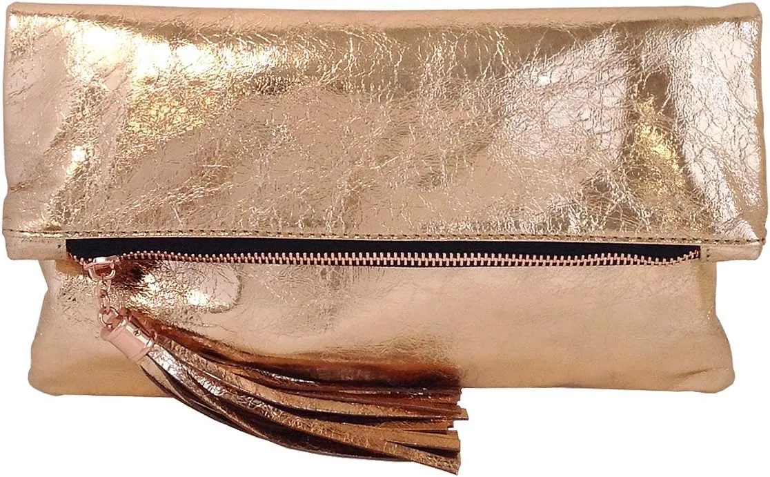 JNB Women's Cracked Metallic Fabric Foldover Clutch with Tassel