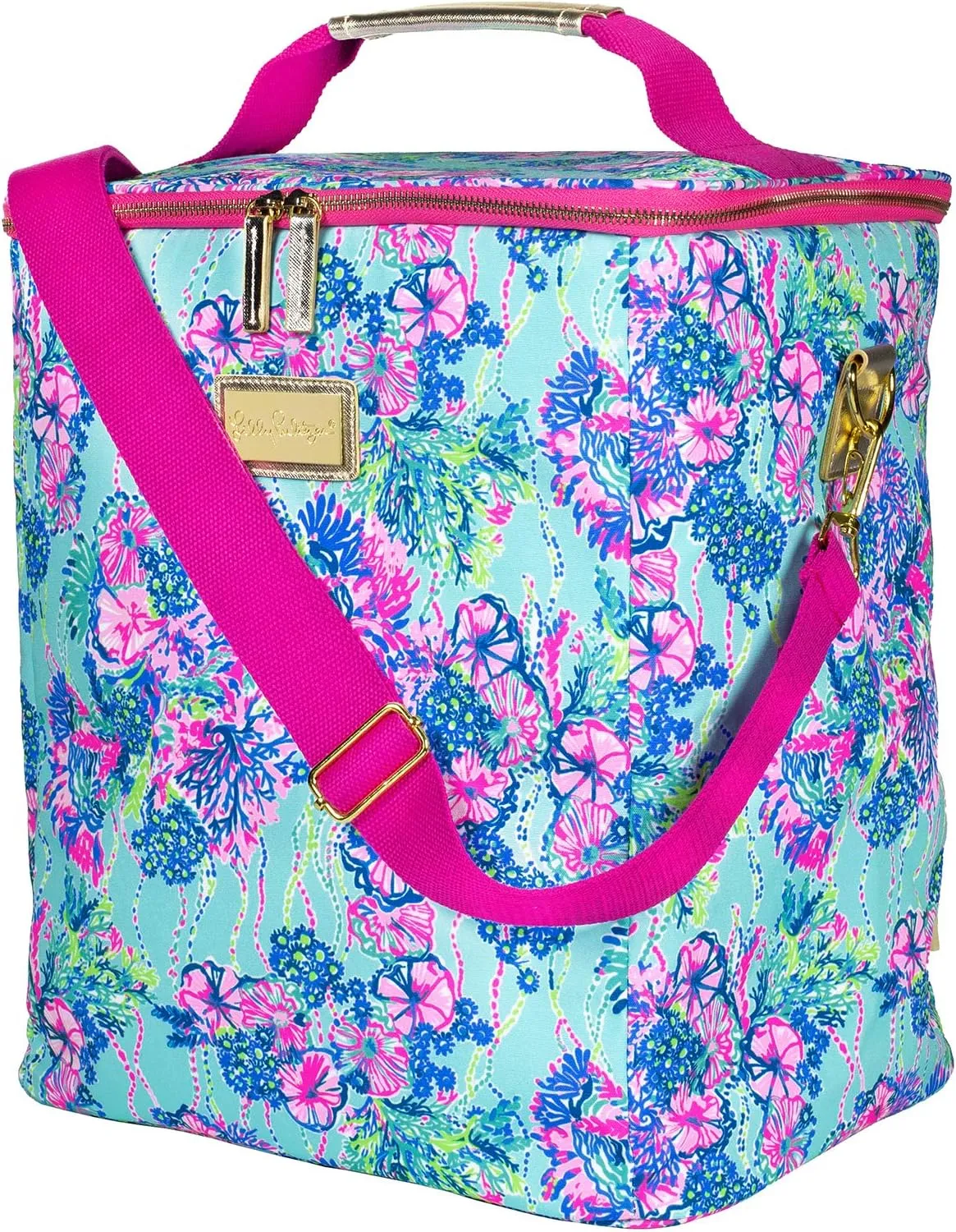 Lilly Pulitzer Insulated Wine Carrier Soft Cooler with Adjustable/Removable Strap and Double Zipper Close, Holds up to 4 Bottles of Wine, Beach You to It