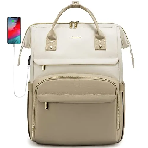 LOVEVOOK Laptop Backpack for Women Fashion Business Computer Backpacks Travel Bags Purse Doctor Nurse Work Backpack with USB Port, Fits 15.6-Inch Laptop Beige-Khaki