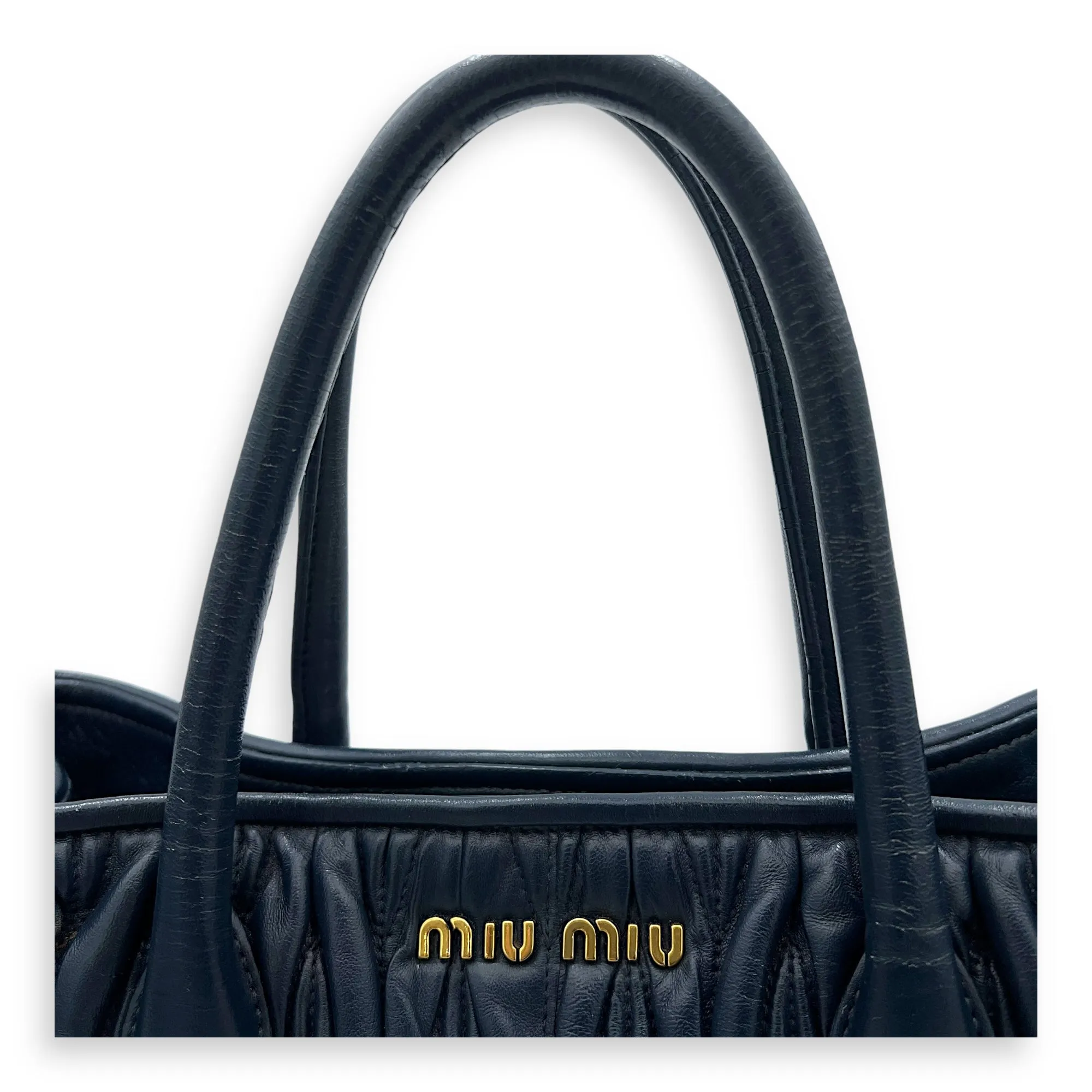 Matelassé Top Handle Bag Blue in Lambskin, Gold hardware