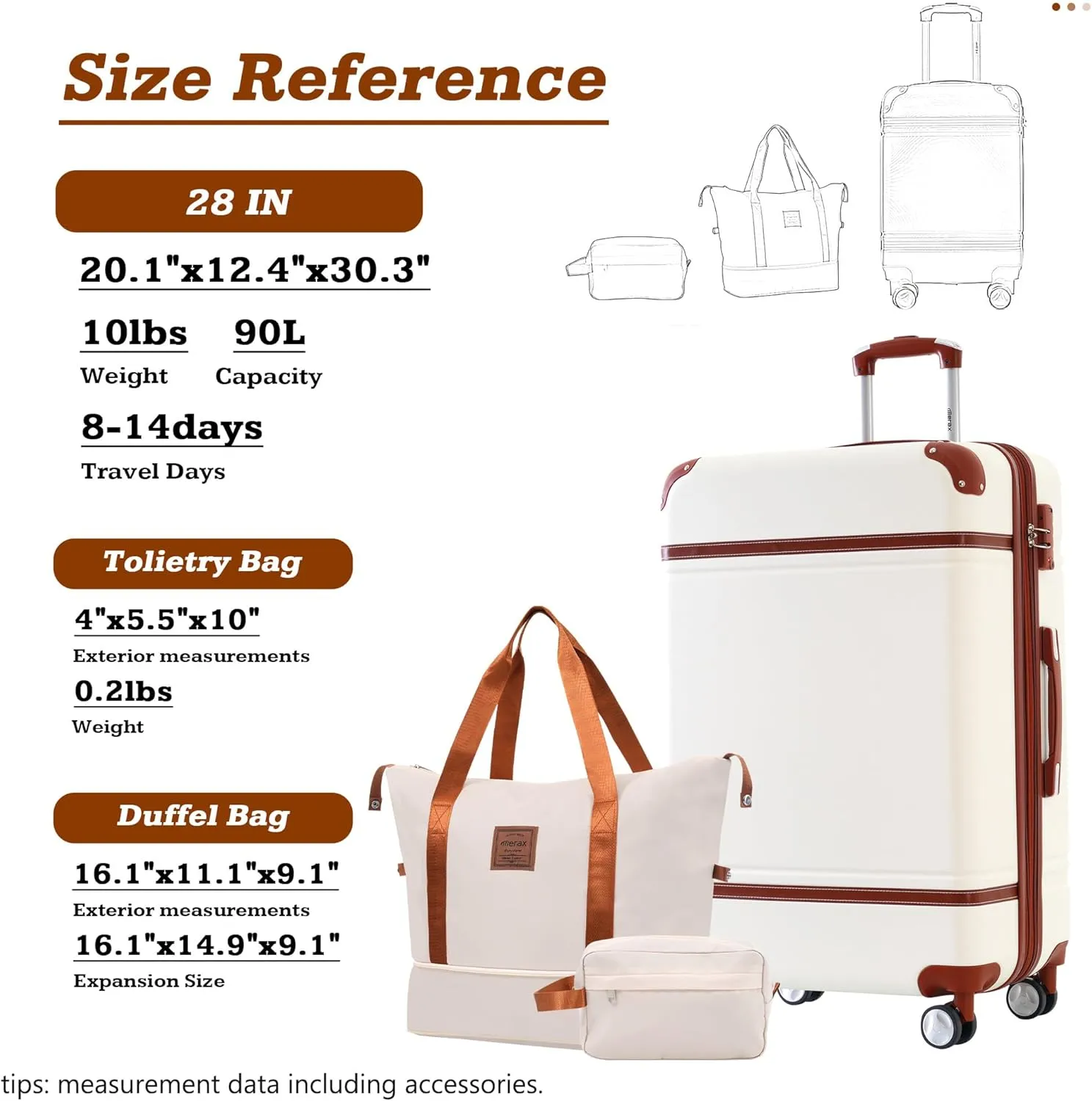 Merax 28 IN Luggage Set with Spinner Wheels, Expanded Suitcase with TSA Lock, Lightweight Vintage Luggage (White)